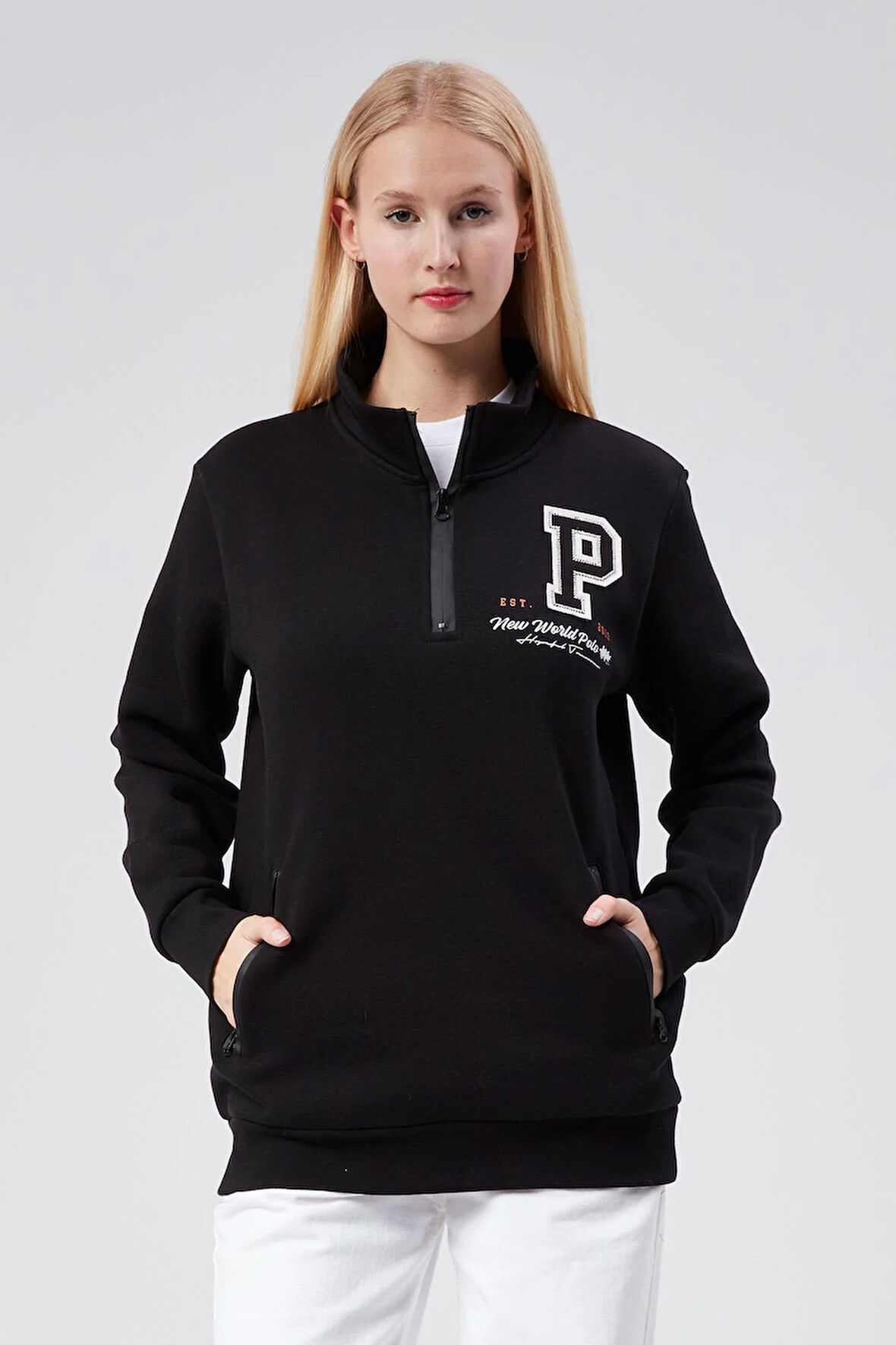 Dik Yaka Kadın  Siyah Slim Fit Sweatshirt 24FWW64075