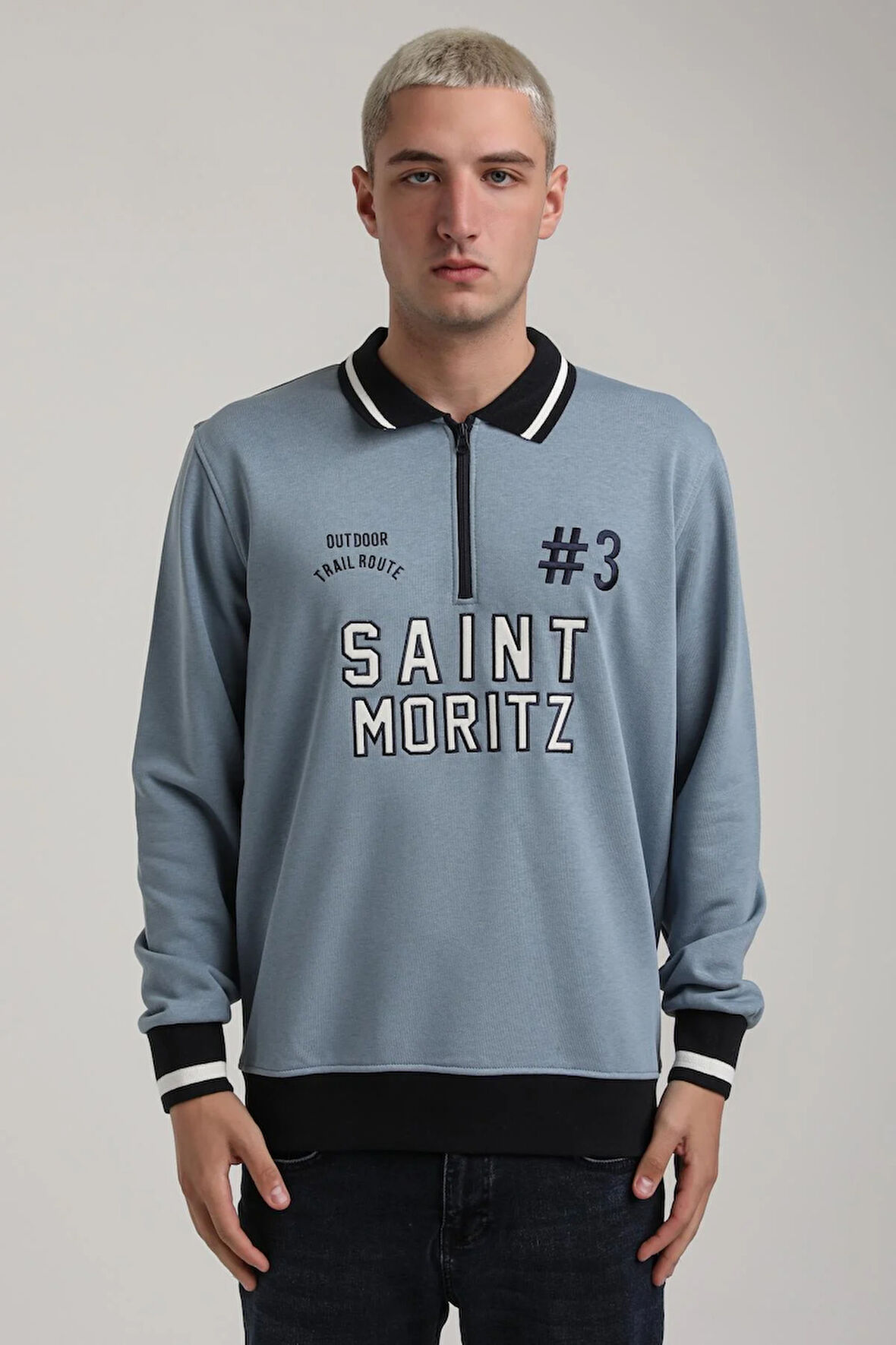 Bisiklet Yaka Mavi Slim Fit Sweatshirt 24FWM60207