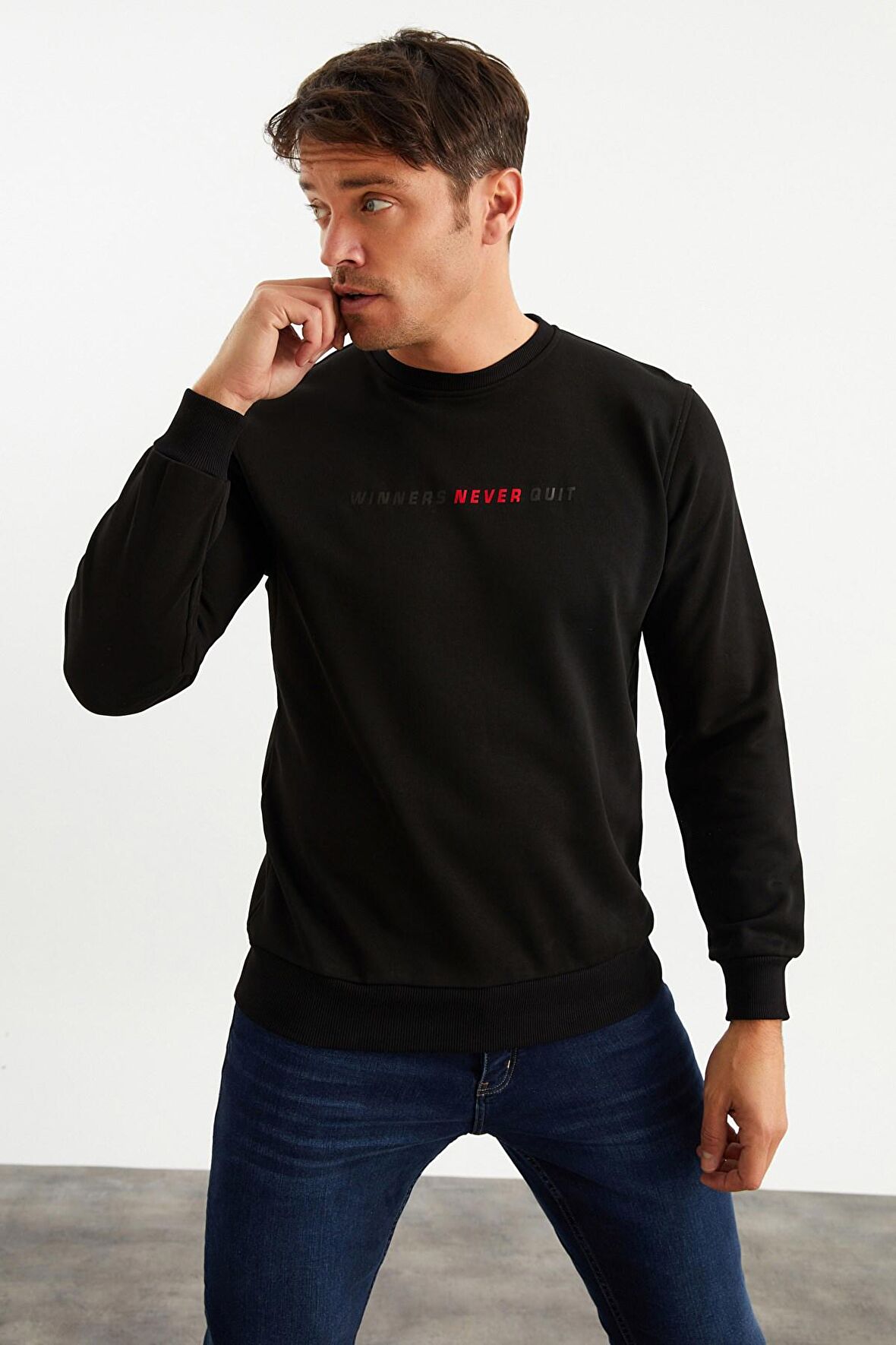 5013 Erkek Bisiklet Yaka Baskılı Sweatshirt