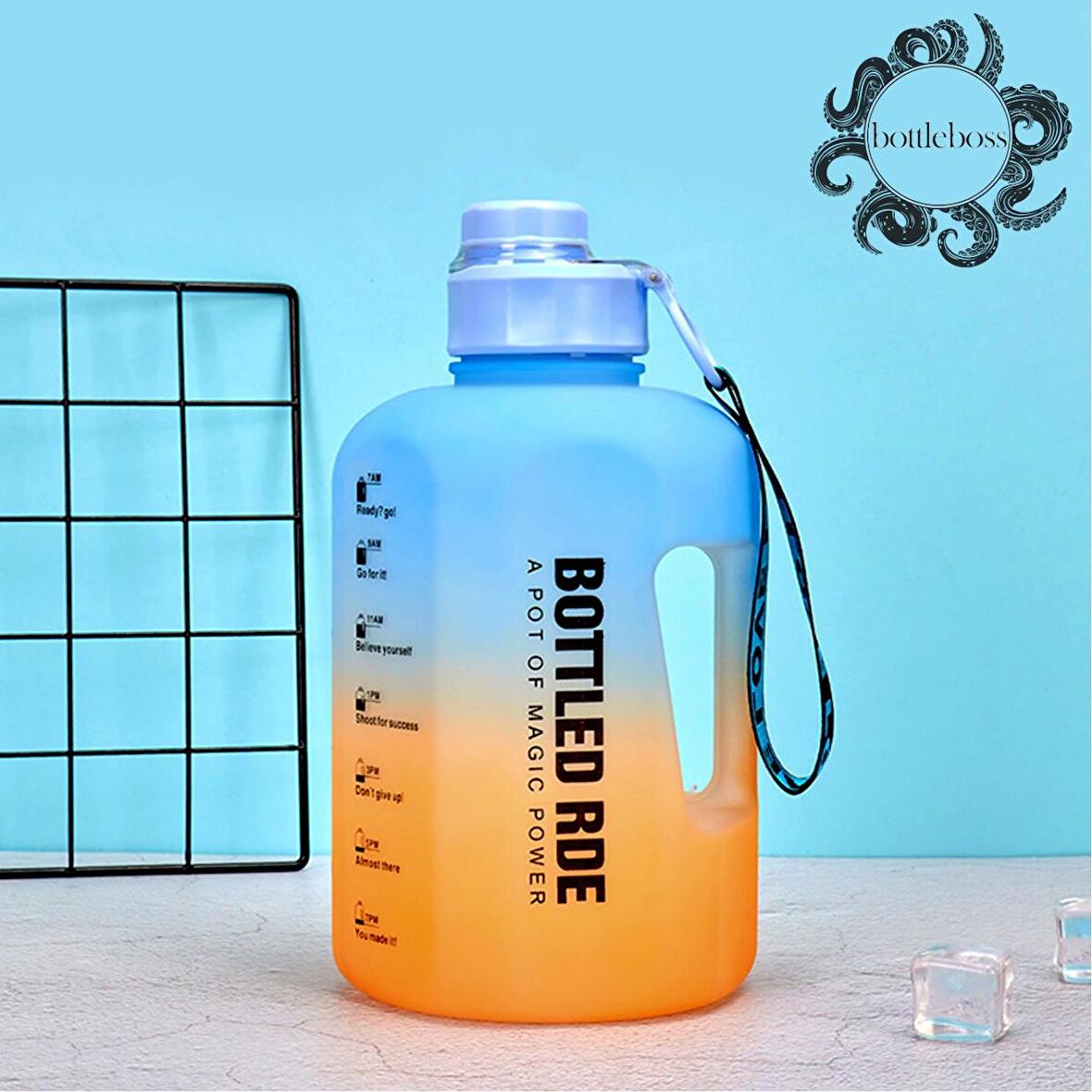 BottleBoss Damacana Motivasyon Matarası Çevir Aç Sızdırmaz Kapak Tasarımlı 2 Litre Mavi