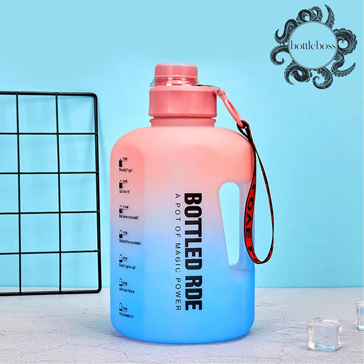 BottleBoss Damacana Motivasyon Matarası Çevir Aç Sızdırmaz Kapak Tasarımlı 2 Litre Pembe