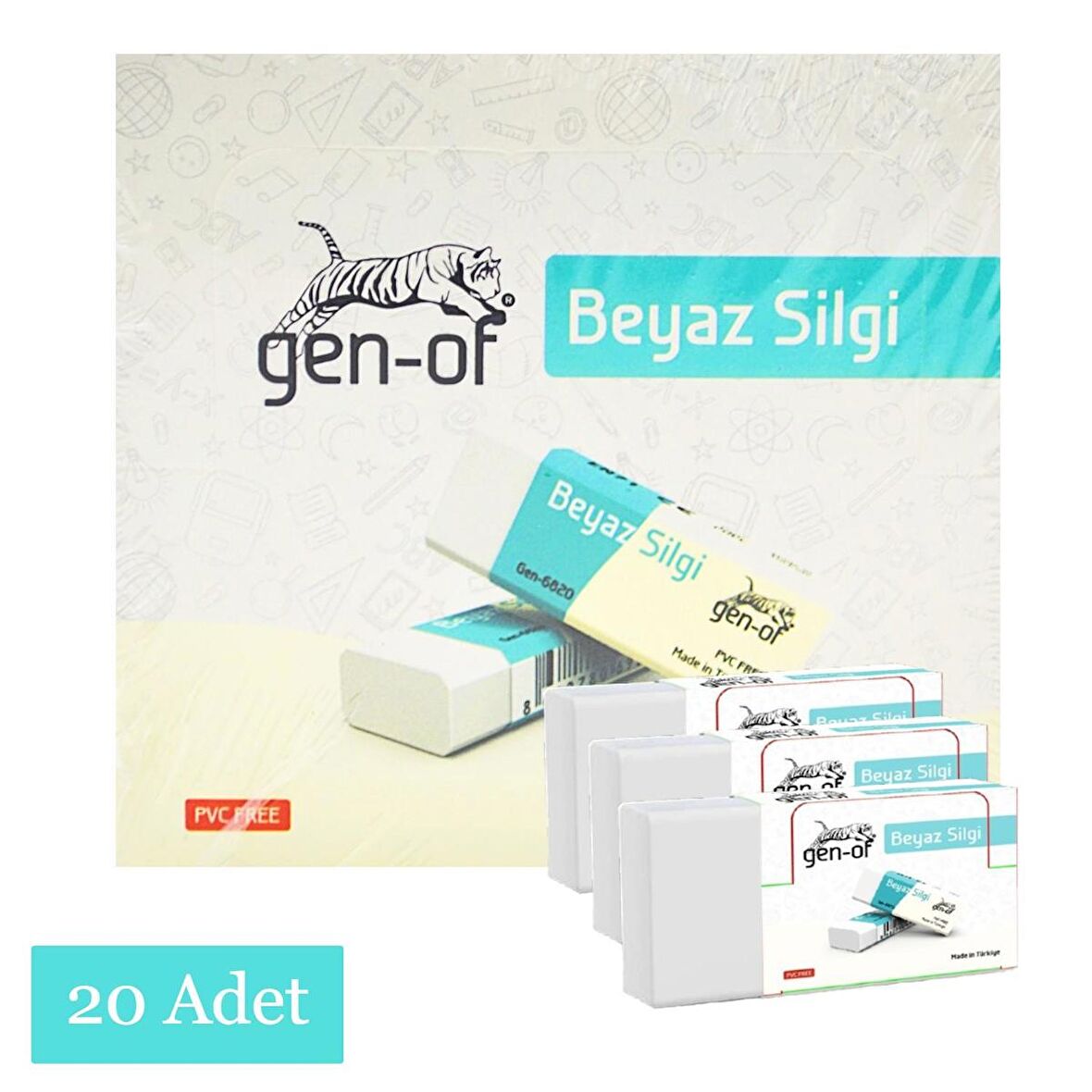 Gen-Of No:20 Büyük Boy Pvc Free Beyaz Silgi 20 Adet