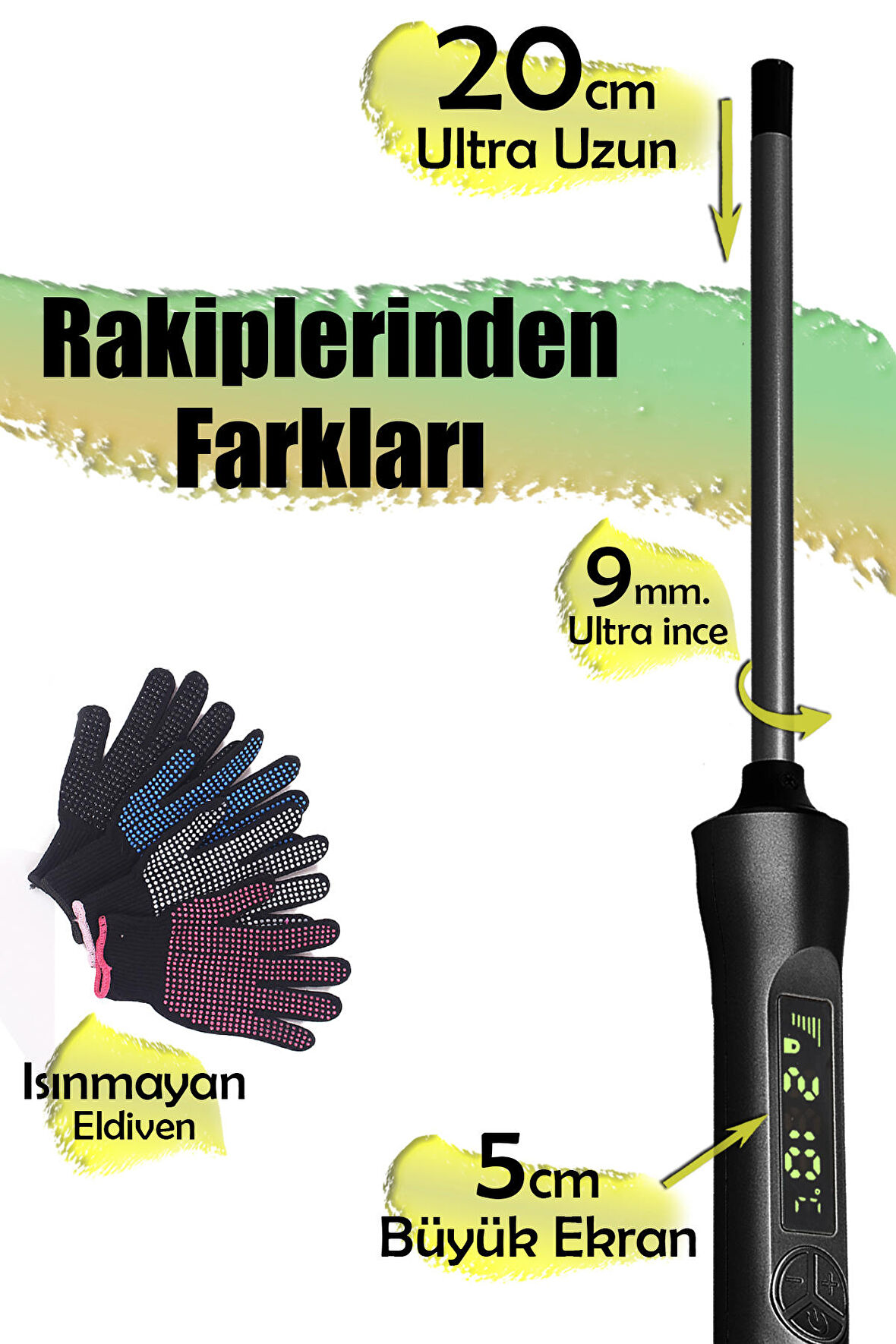 Hrs-140 Afro Dalga 9 mm Kıvırcık Saç Maşası, 20 Cm Ultra Uzun Başlık Eldiven