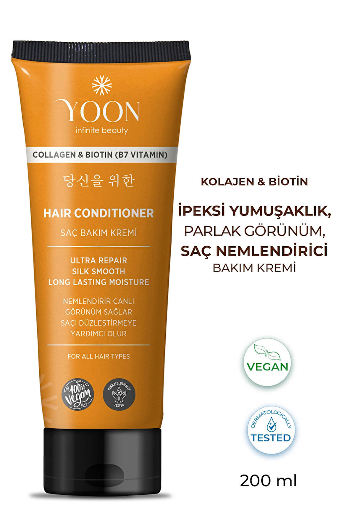 Biotin B7 ve Kolajen İçeren Vegan Saç Kremi, Nemlendiren, Besleyici ve Onarıcı Saç Bakım Kremi 200ml