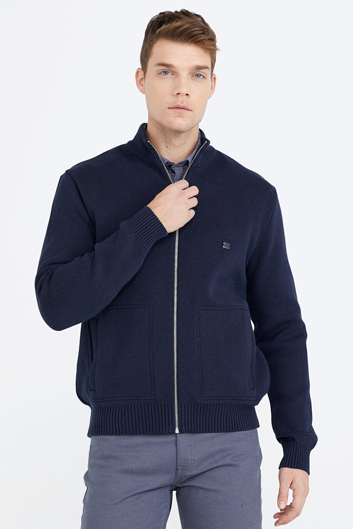Nakış Detaylı Cepli Erkek Triko Ceket  - Lacivert