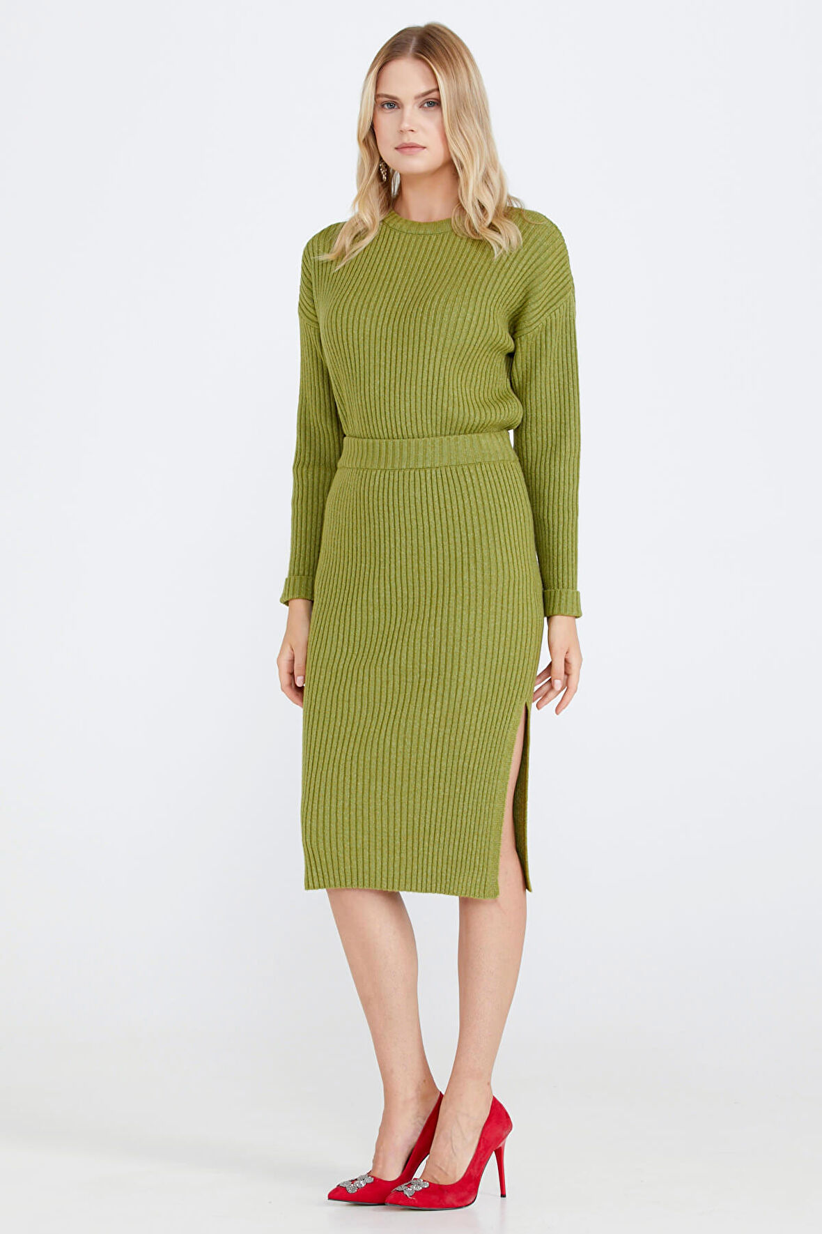 Lastik Örgülü Kadın Triko Etek  - Yeşil