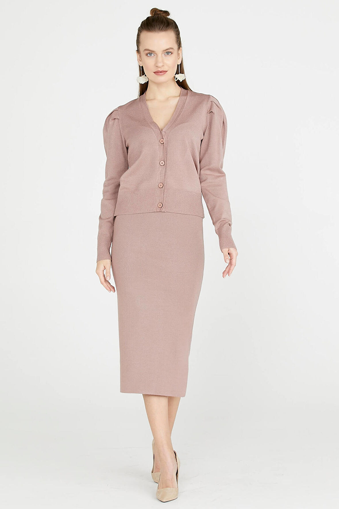 Kadın Yırtmaçlı Triko Etek  - Pudra