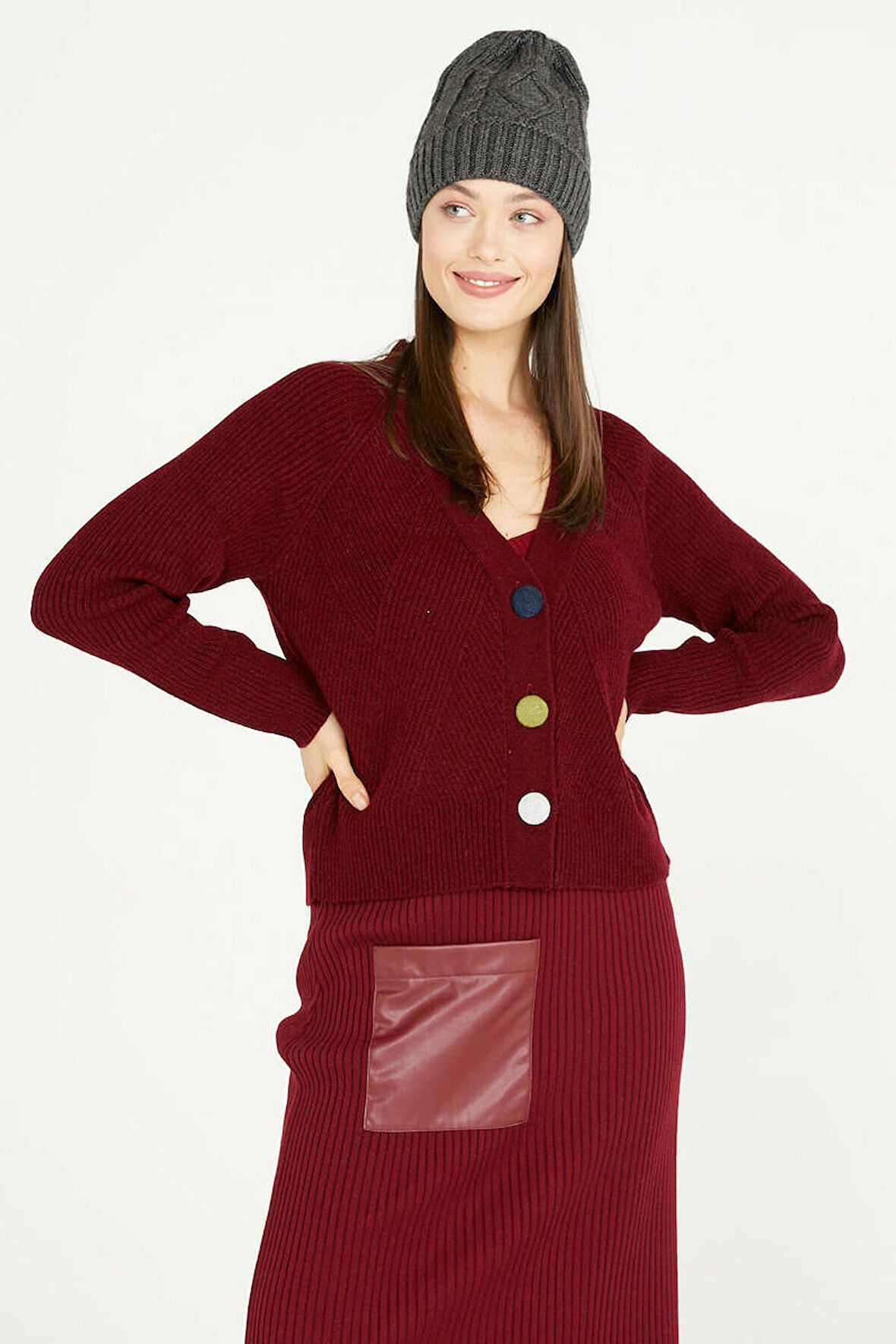 Renkli Düğmeli Triko Hırka  - Bordo