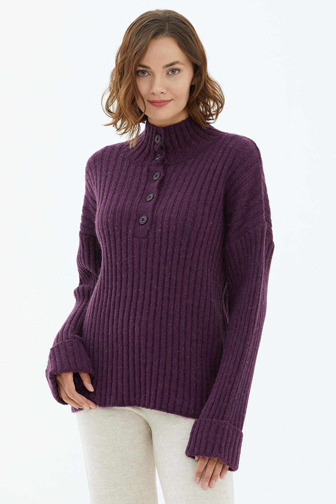 Yarım Balıkçı Yaka Düğmeli Kazak  - Mor