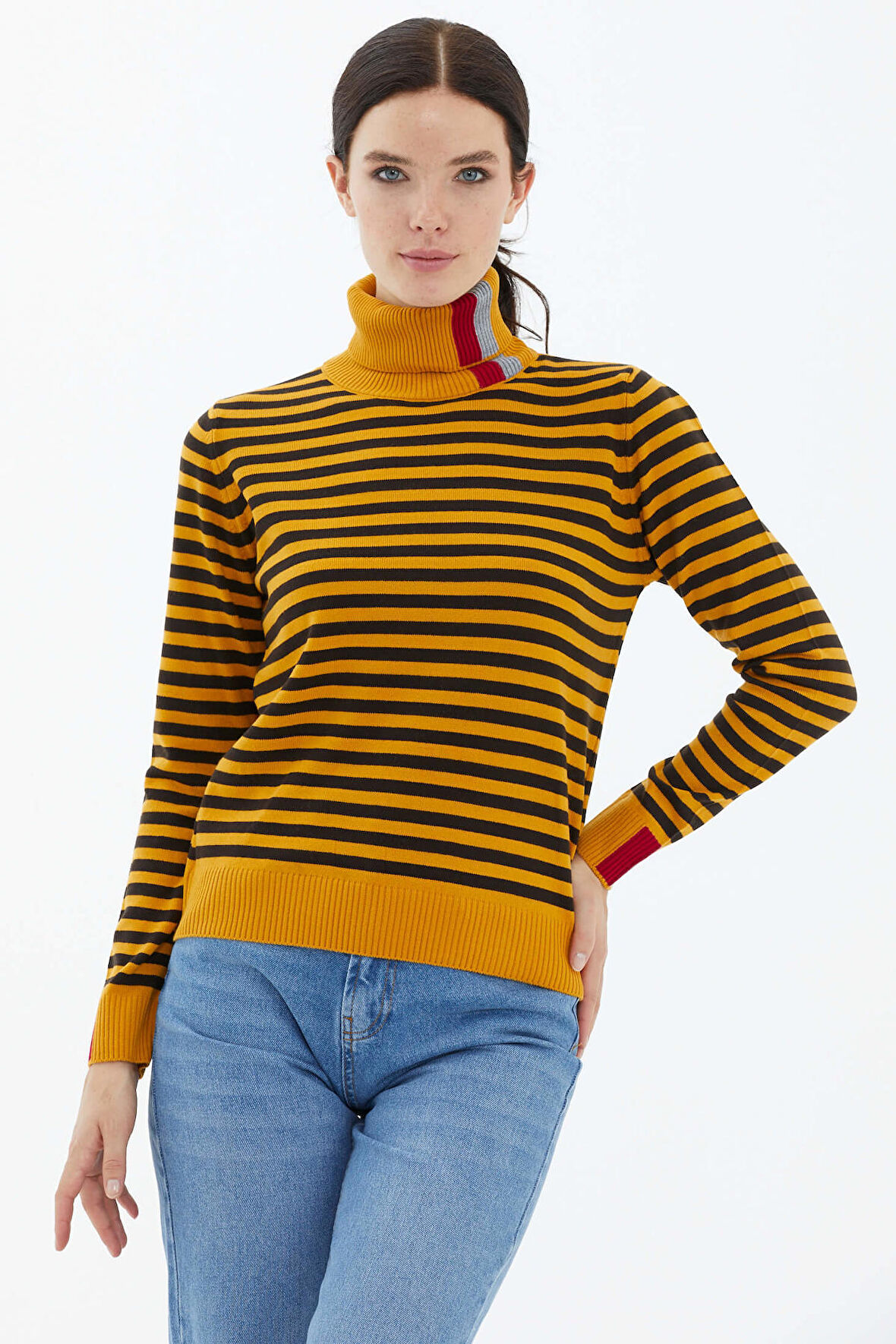Tam Balıkçı Yaka Çizgili Triko Kazak  - Güneş