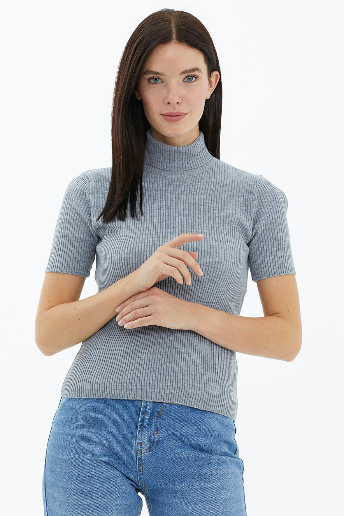 Tam Balıkçı Yaka Kısa Kollu Triko Kazak  - Gri