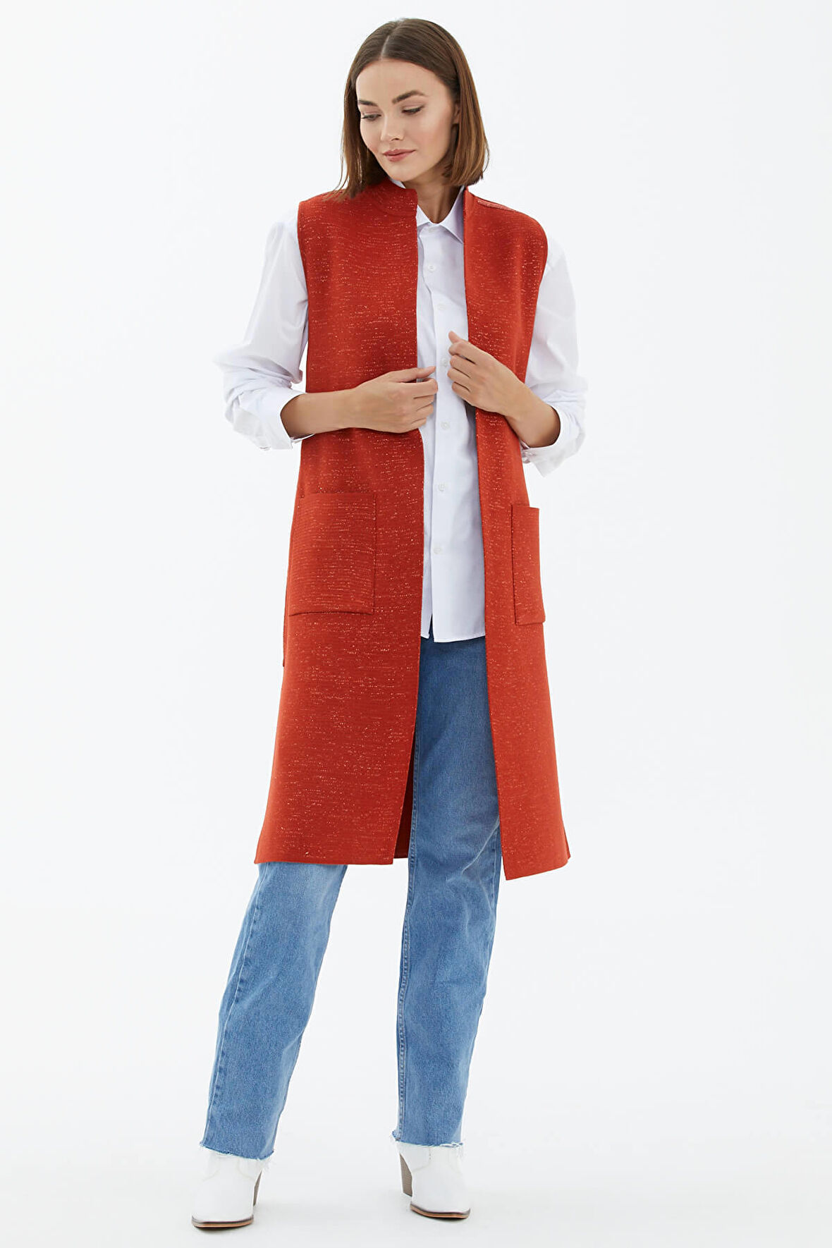 Hakim Yaka Cepli Uzun Yelek  - Taba