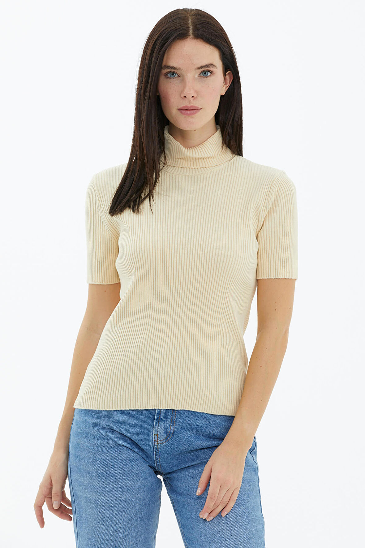 Tam Balıkçı Yaka Kısa Kollu Triko Kazak  - Krem