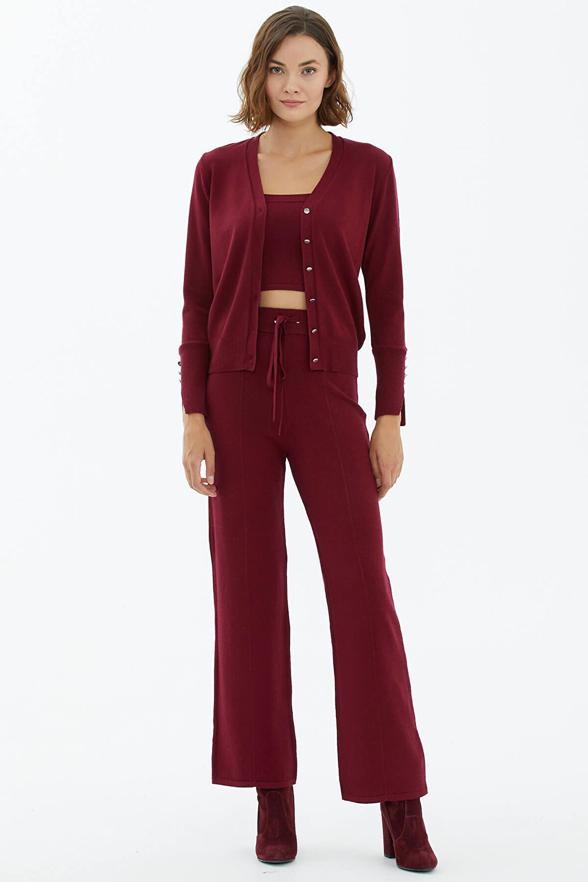 İçi Croplu Üçlü Triko Takım  - Bordo