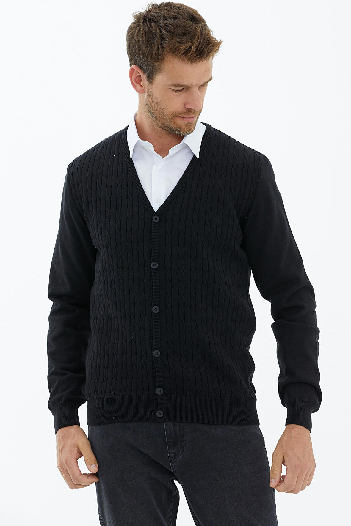 Süet Garnili Saç Örgülü Triko Hırka  - Siyah