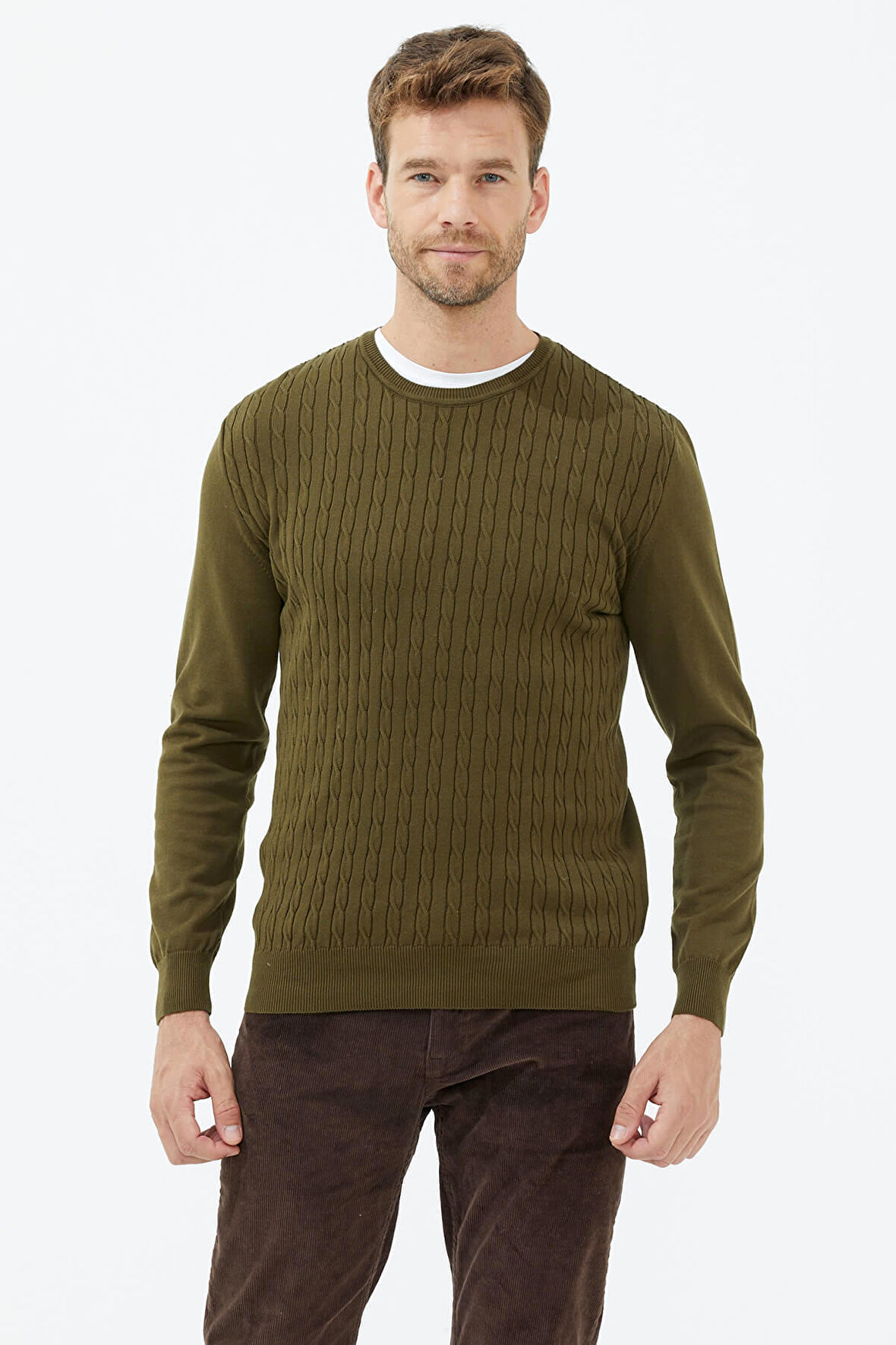 Süet Garnili Saç Örgülü Triko Kazak  - Yeşil