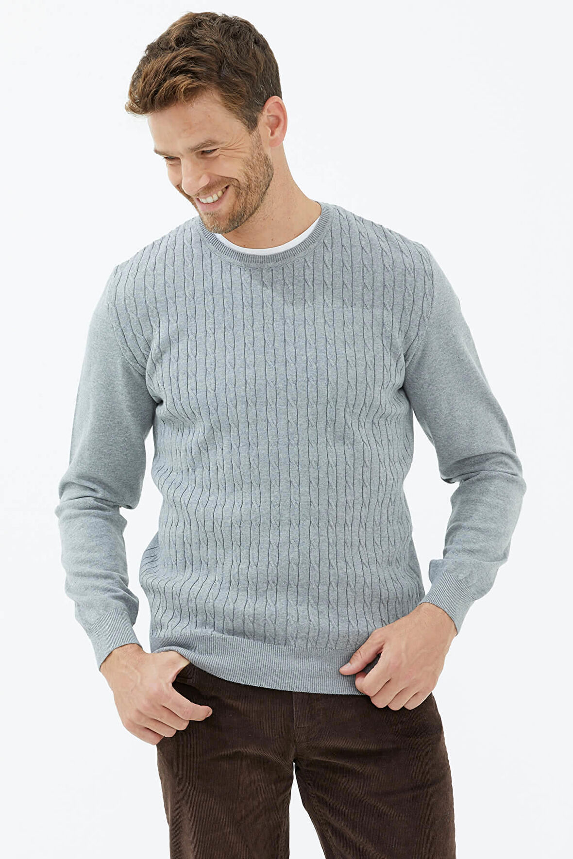 Süet Garnili Saç Örgülü Triko Kazak  - Açık Gri