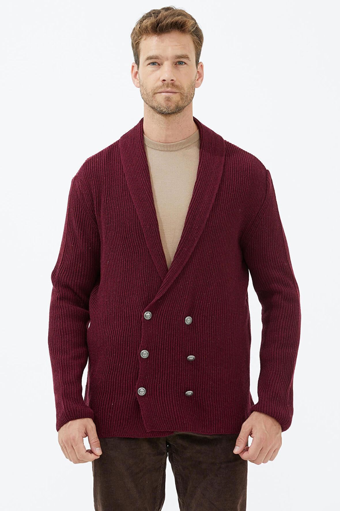 Şal Yaka Düğmeli Triko Hırka  - Bordo