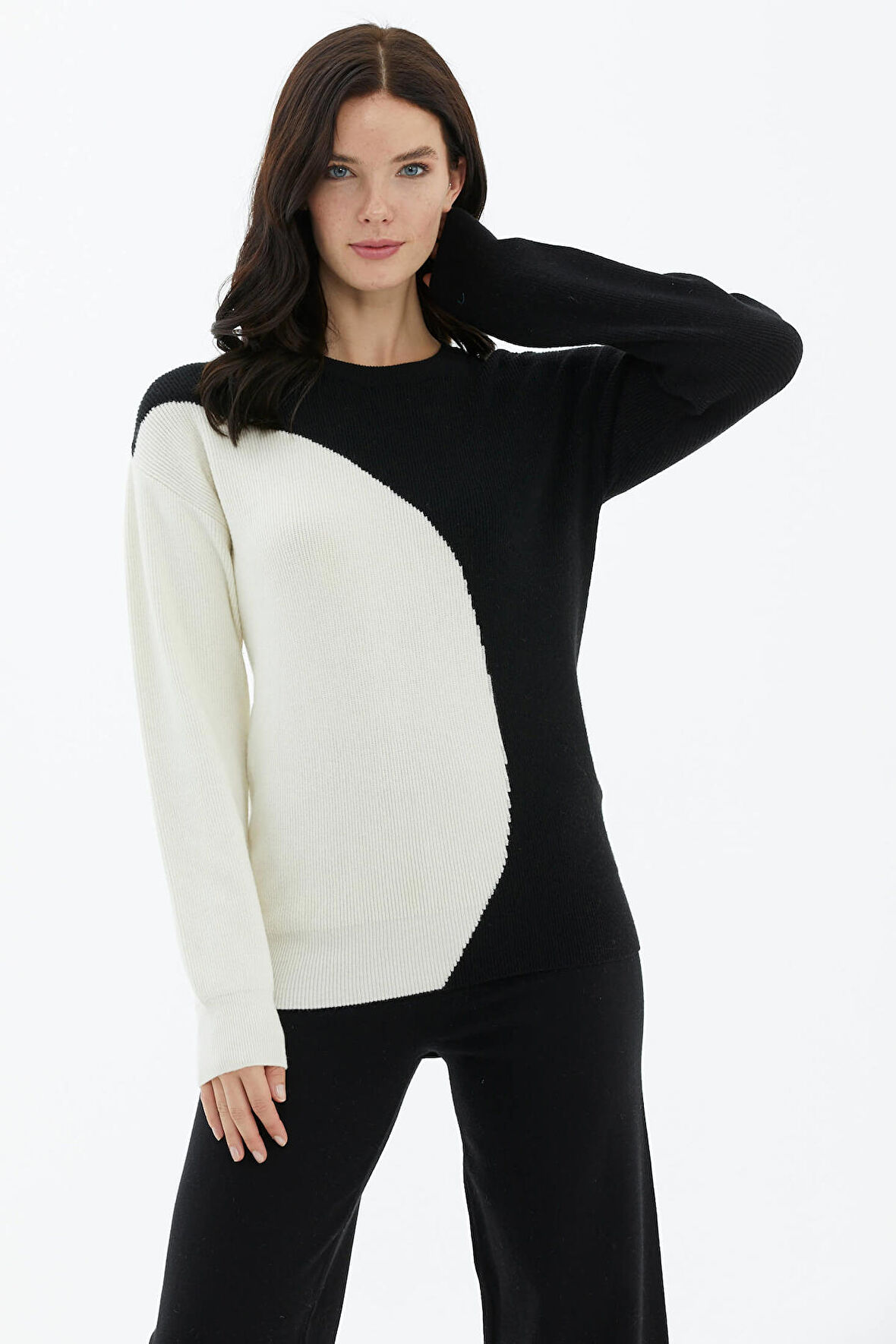 Sıfır Yaka  İki Renkli Triko Kazak  - Siyah - Kemik