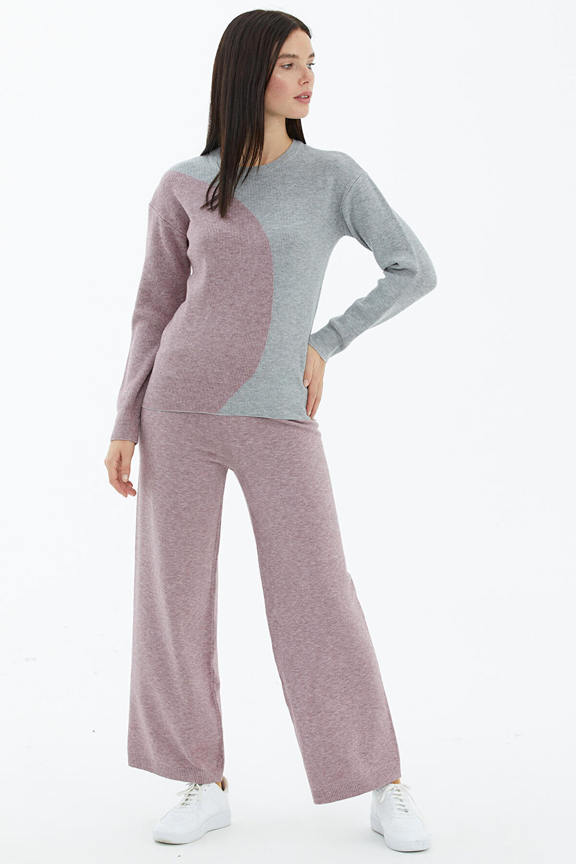 Sıfır Yaka  İki Renkli Triko Kazak  - Açık Gri - Gül