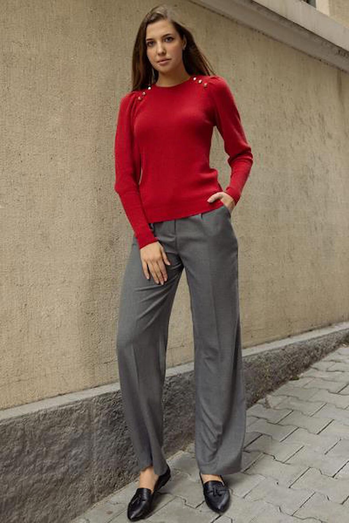 Sıfır Yaka Omuzları Düğmeli Triko Kazak - Kırmızı