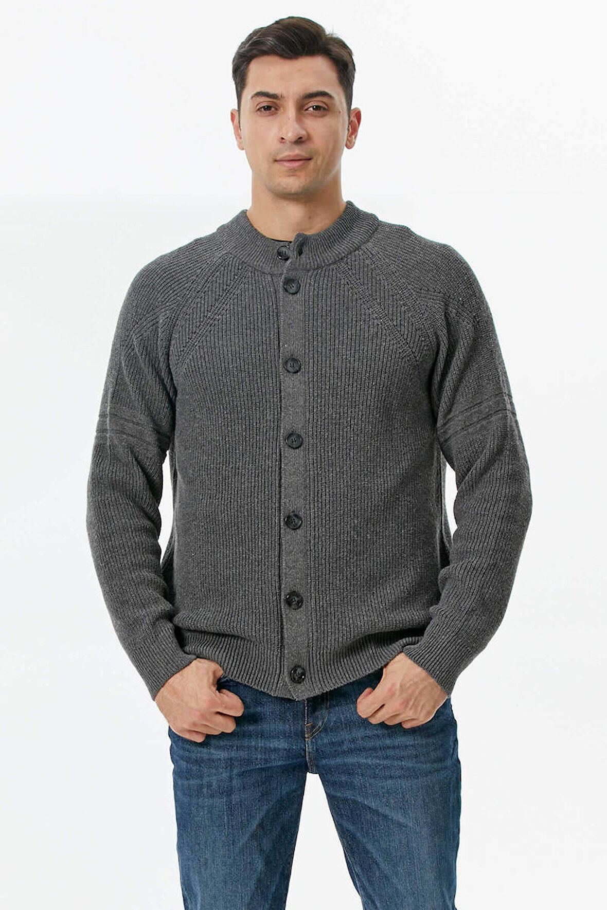 Yarım Balıkçı Düğmeli Triko Hırka  - Koyu Gri