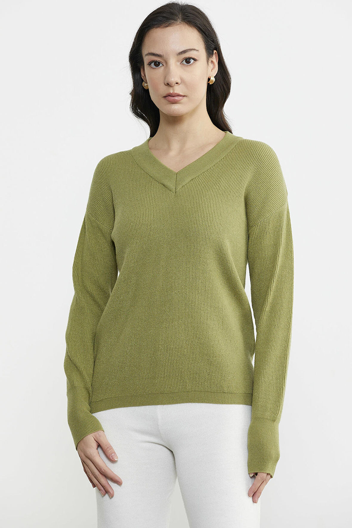 V Yaka Triko Kazak - Yeşil