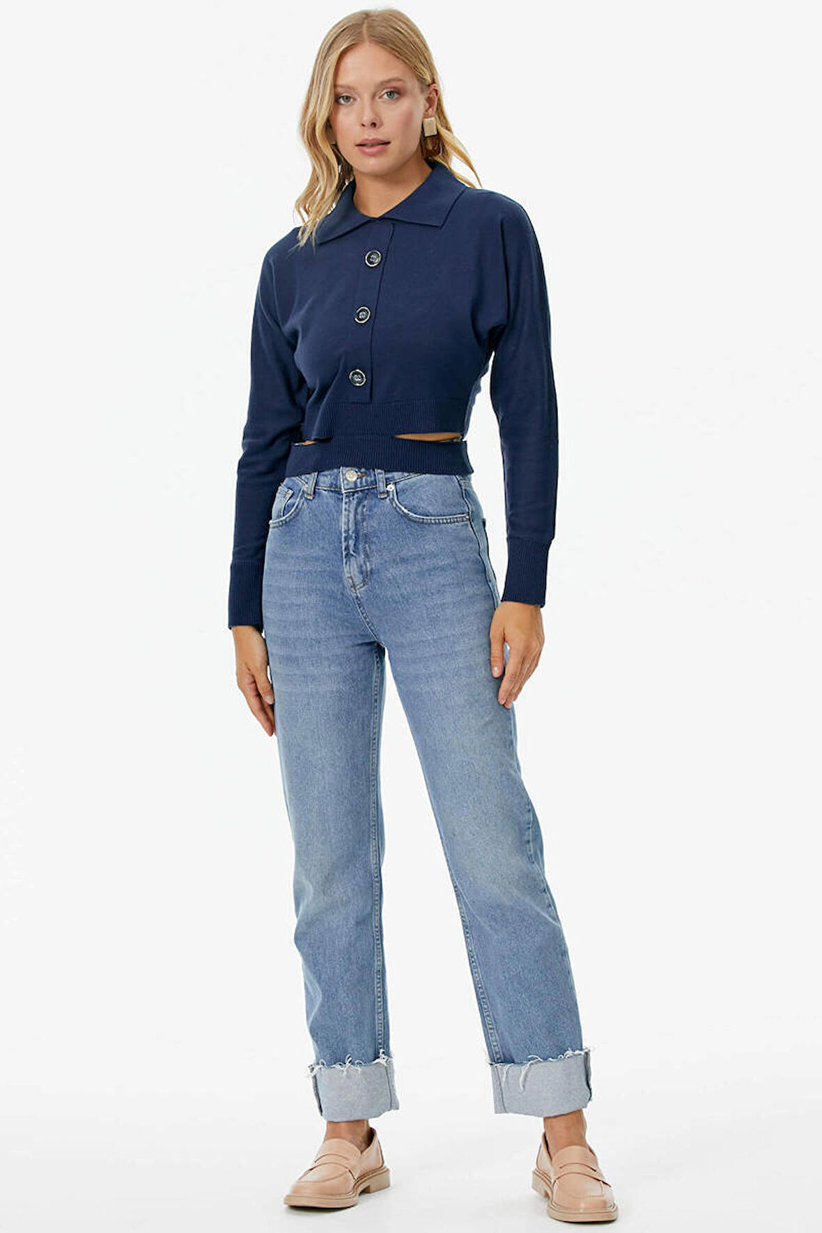 Parça Detaylı Polo Yaka Düğmeli Triko Crop  - Lacivert