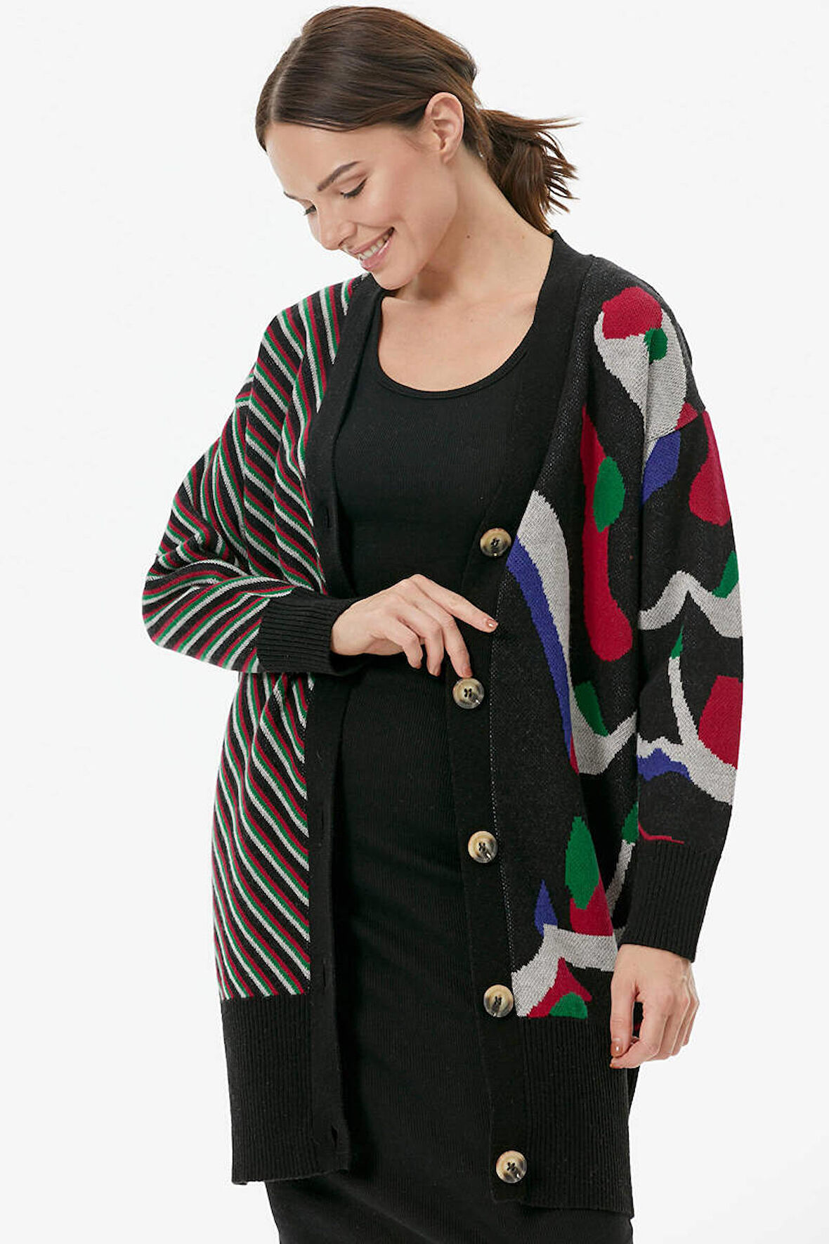 Düğmeli Renk Desenli Triko Hırka  - Siyah