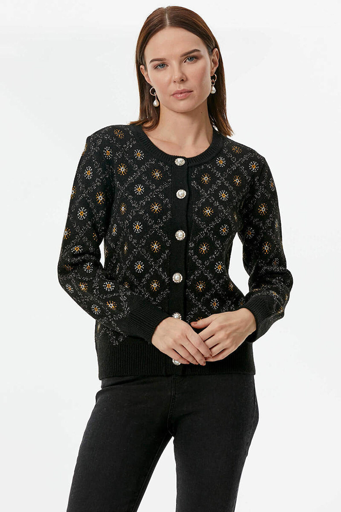 İnci Düğmeli Çiçek Desenli Triko Hırka  - Siyah