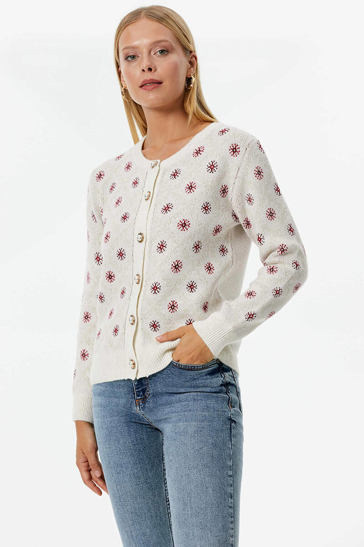 İnci Düğmeli Çiçek Desenli Triko Hırka  - Kemik