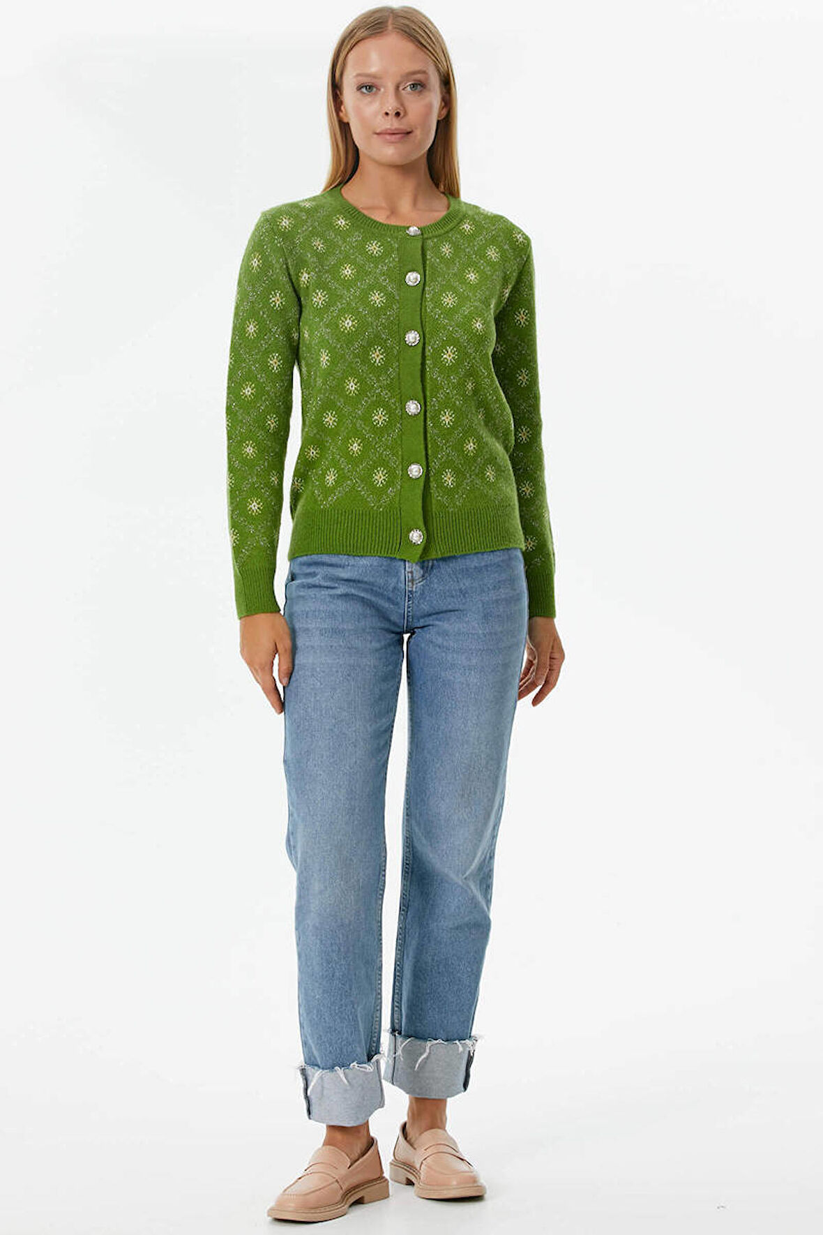 İnci Düğmeli Çiçek Desenli Triko Hırka  - Yeşil