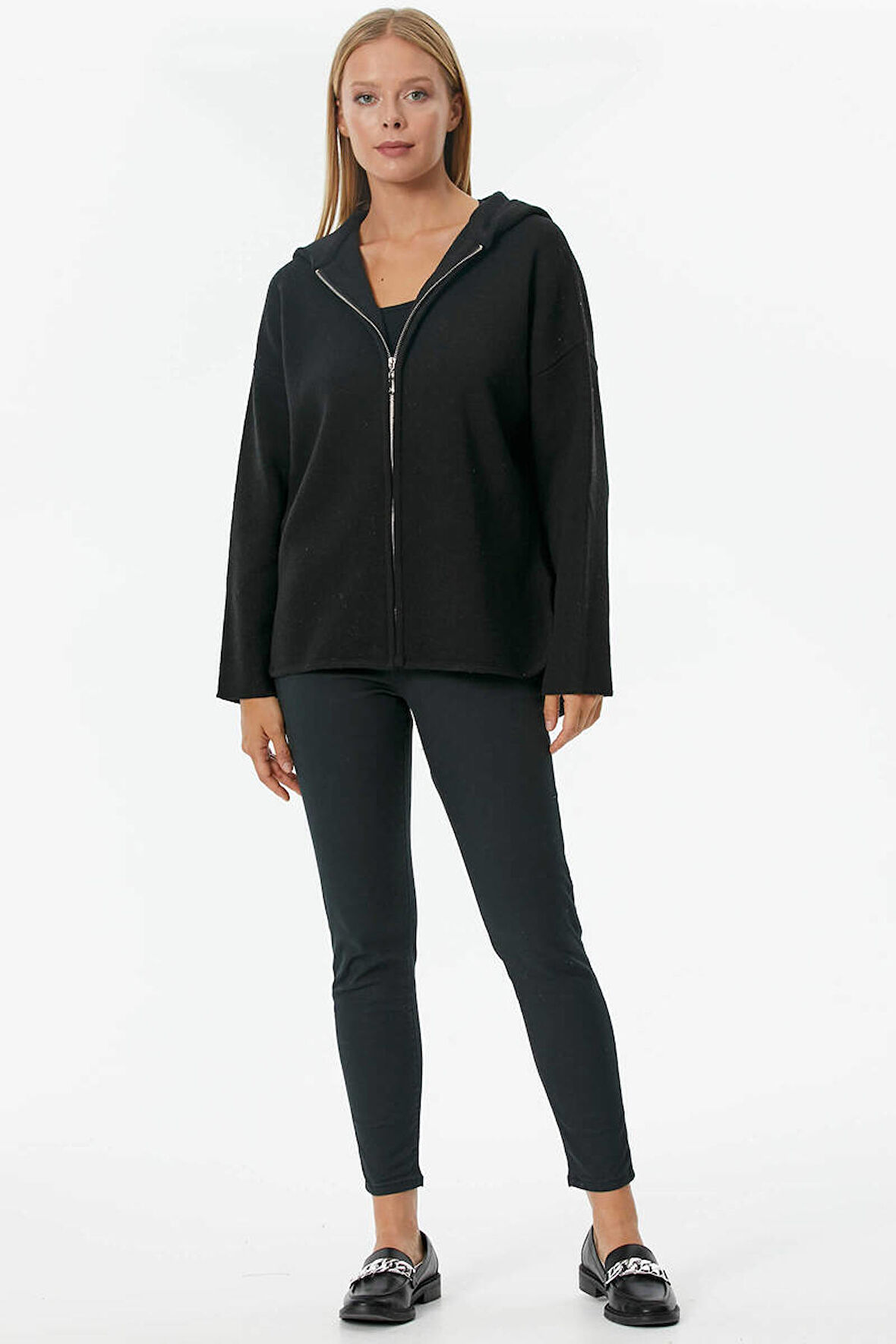 Çelik Örgü Fermuarlı Kapüşonlu Triko Ceket  - Siyah