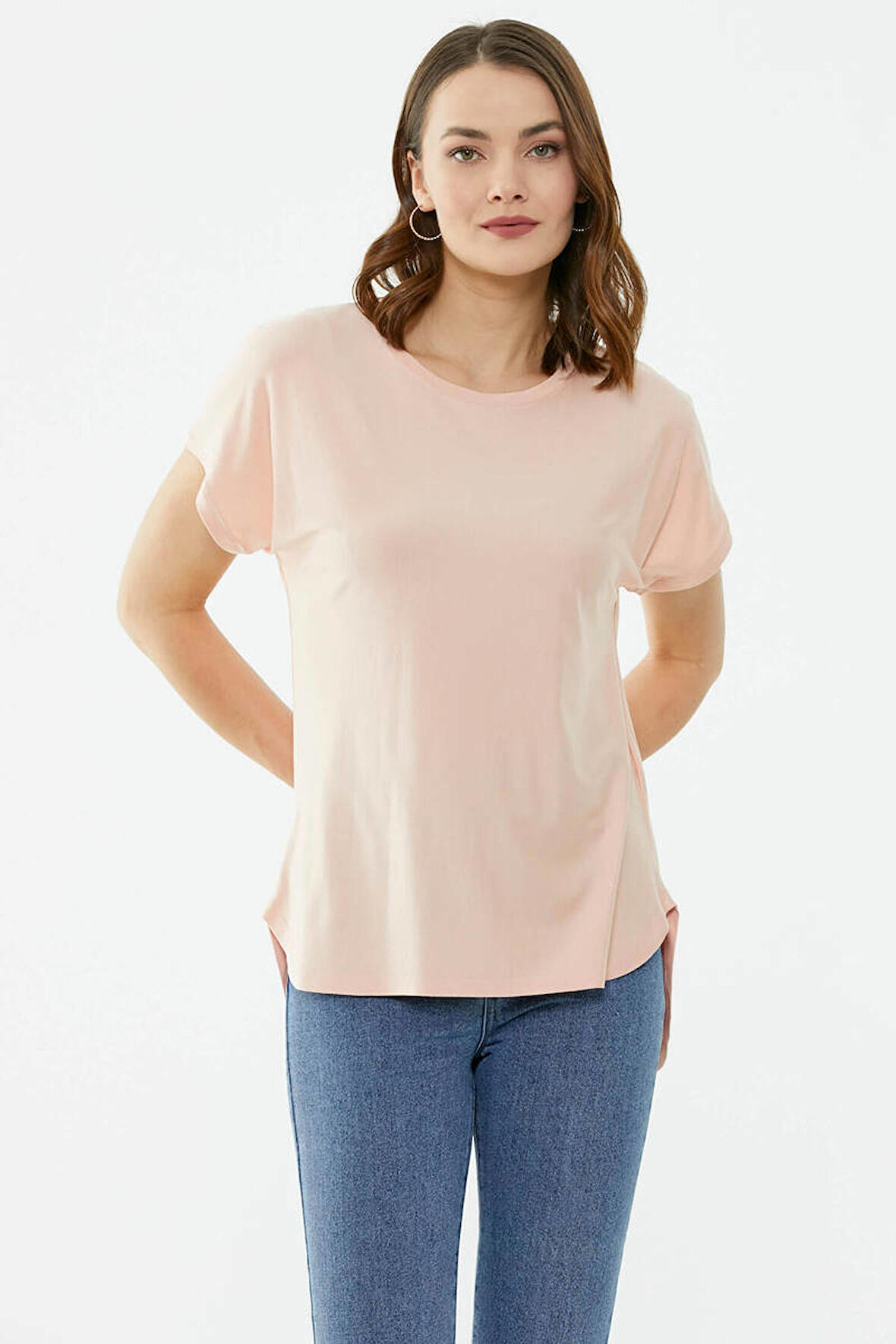 Yarasa Kol Arkası Uzun Tshirt  - Pudra