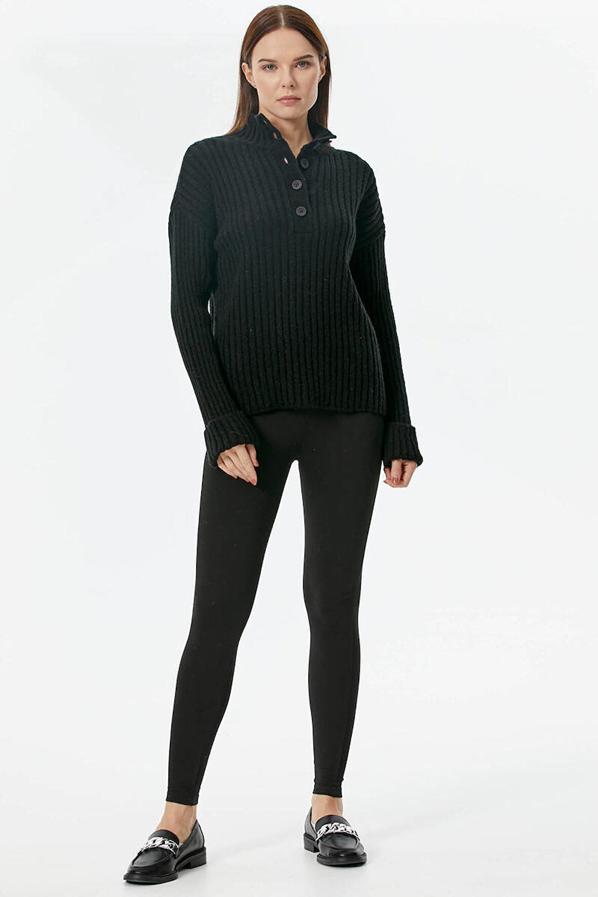 Yarım Balıkçı Yaka Düğmeli Kazak  - Siyah