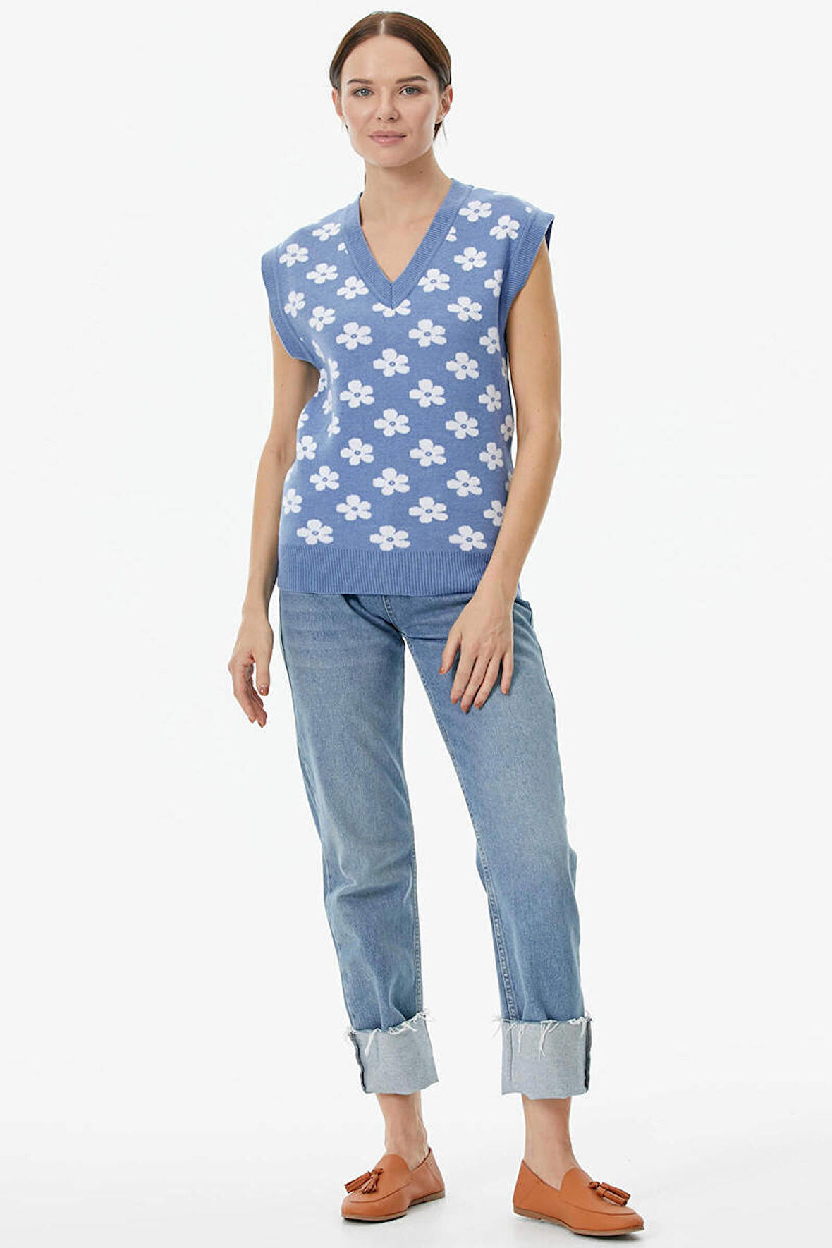 V Yaka Çiçek Motifli Triko Süveter  - Mavi