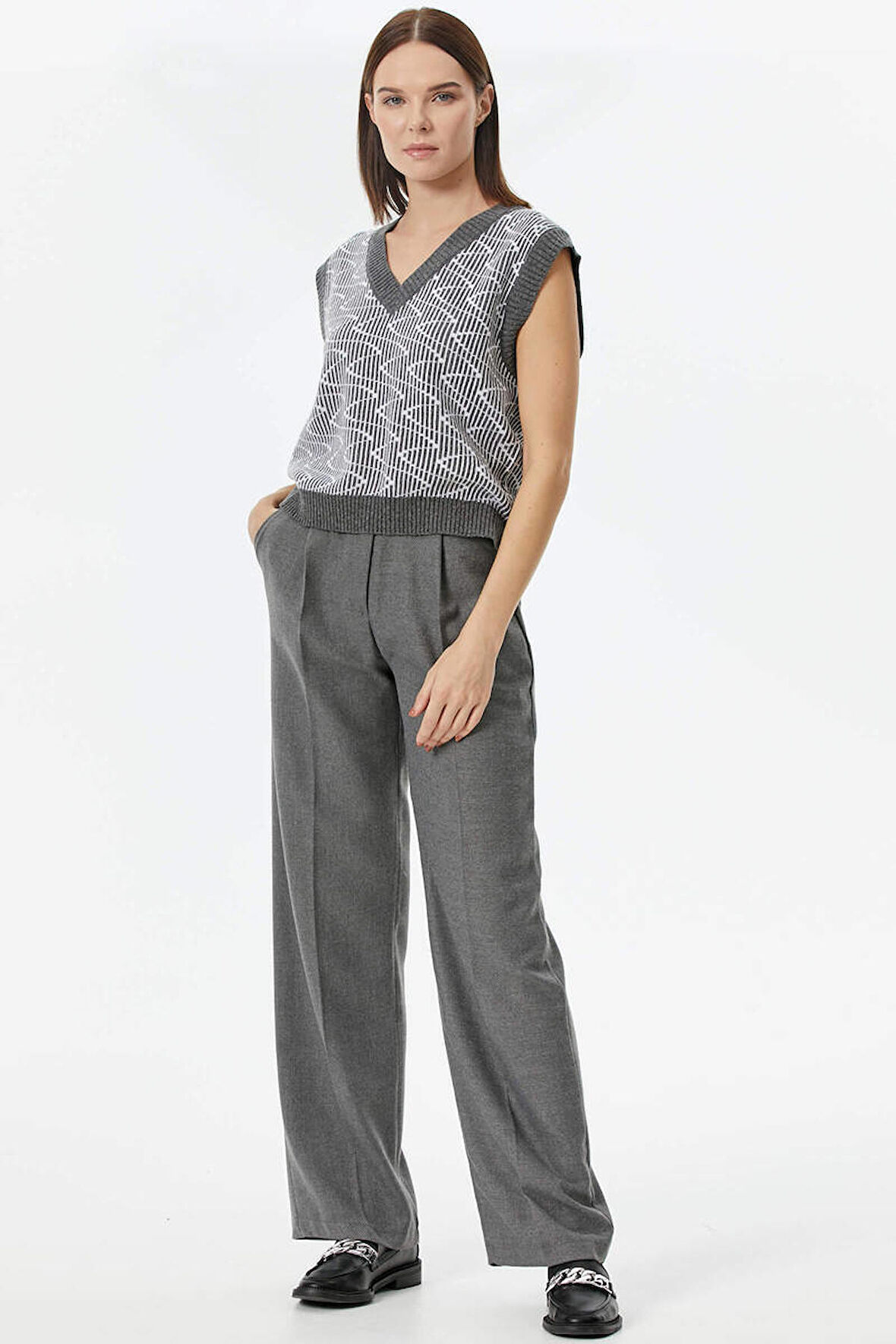 Zikzak Desenli Triko Süveter  - Gri