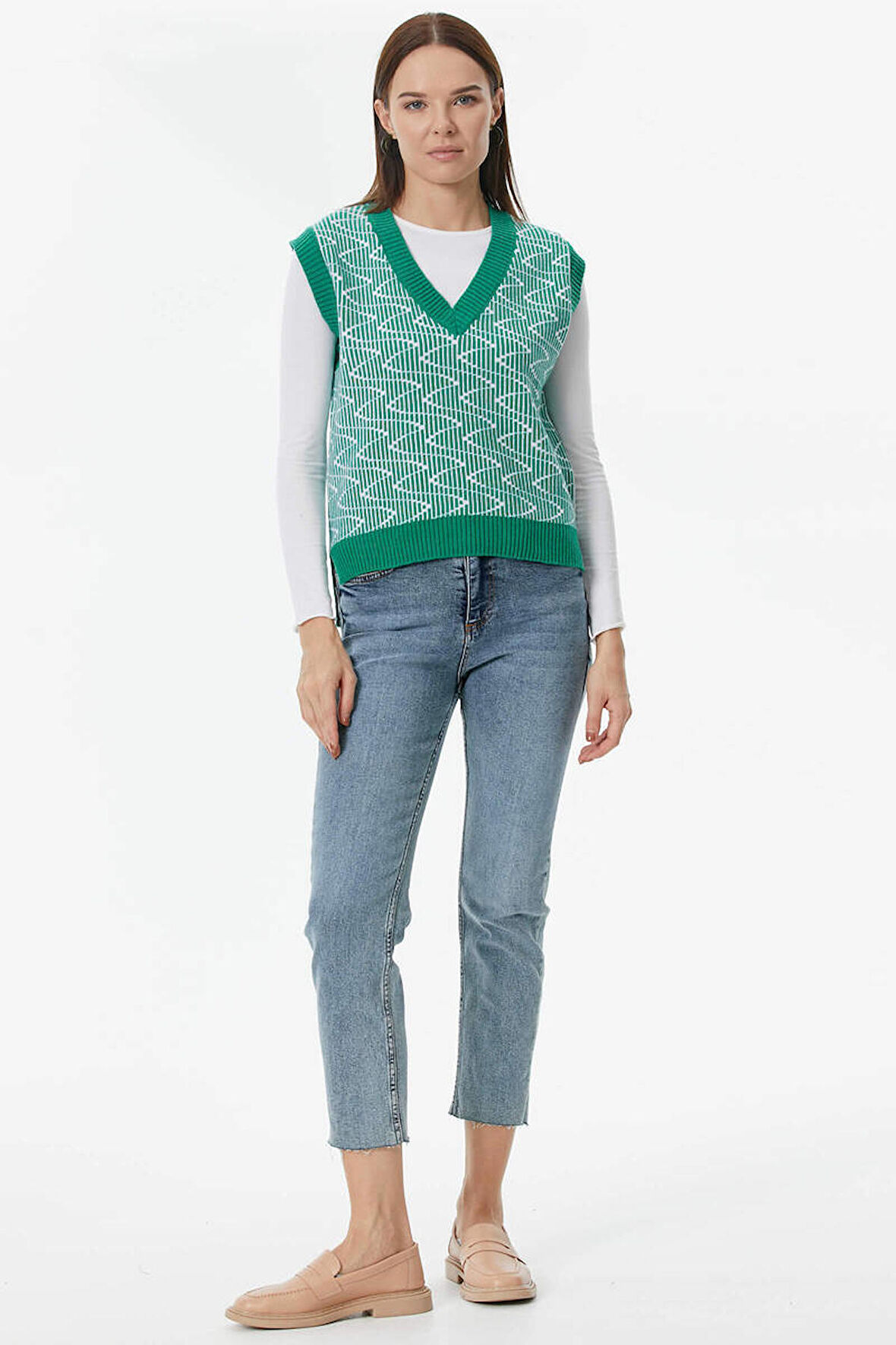 Zikzak Desenli Triko Süveter  - Yeşil