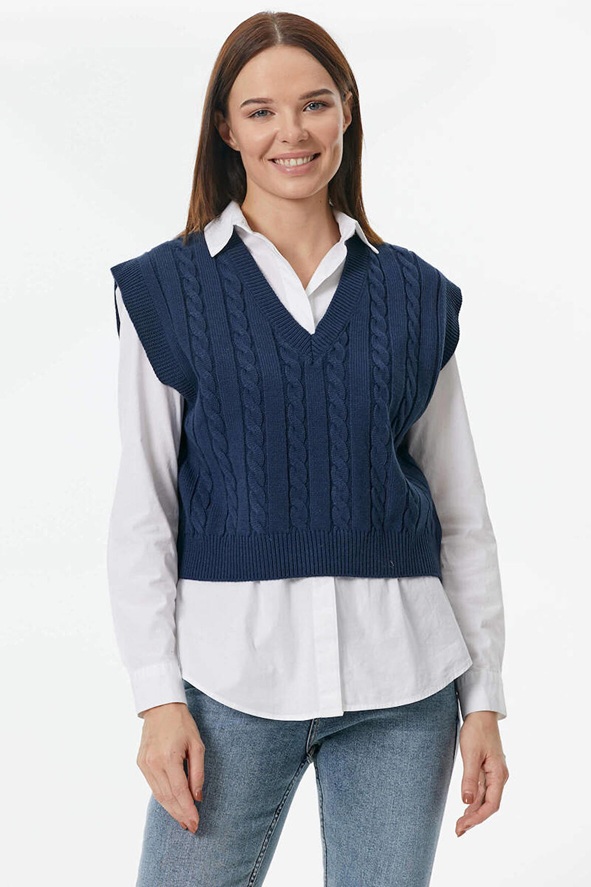 V Yaka Saç Örgülü Triko Süveter  - Lacivert