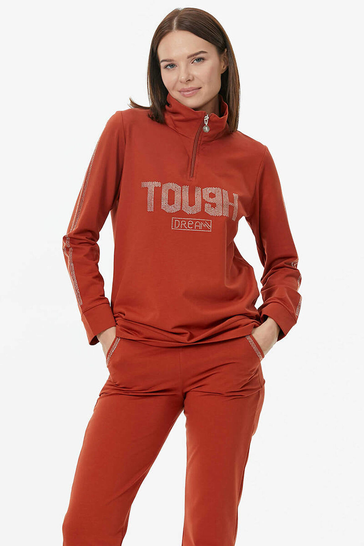 Yarım Fermuarlı Taş Detaylı Eşofman Takım  - Kiremit