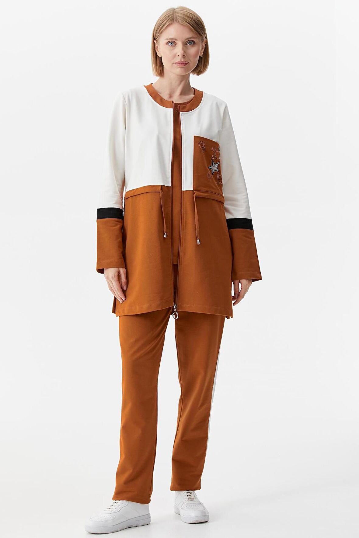 Rahat Kalıp Üçlü Tunik Eşofman Takım - Tarçın