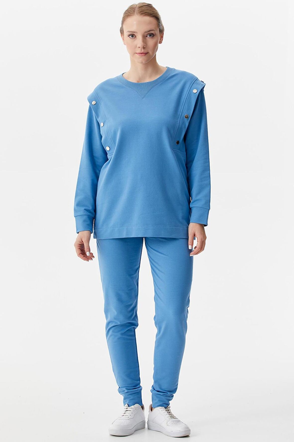 Sıfır Yaka ÇıtÇıt Detaylı Eşofman Takım - Mavi