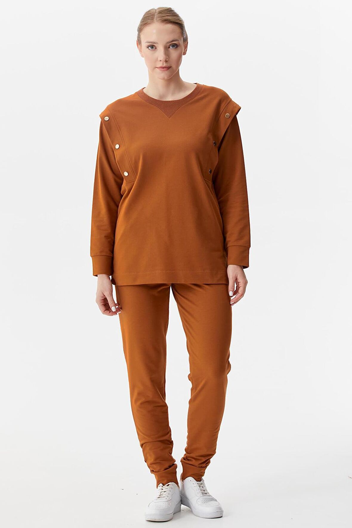 Sıfır Yaka ÇıtÇıt Detaylı Eşofman Takım - Tarçın