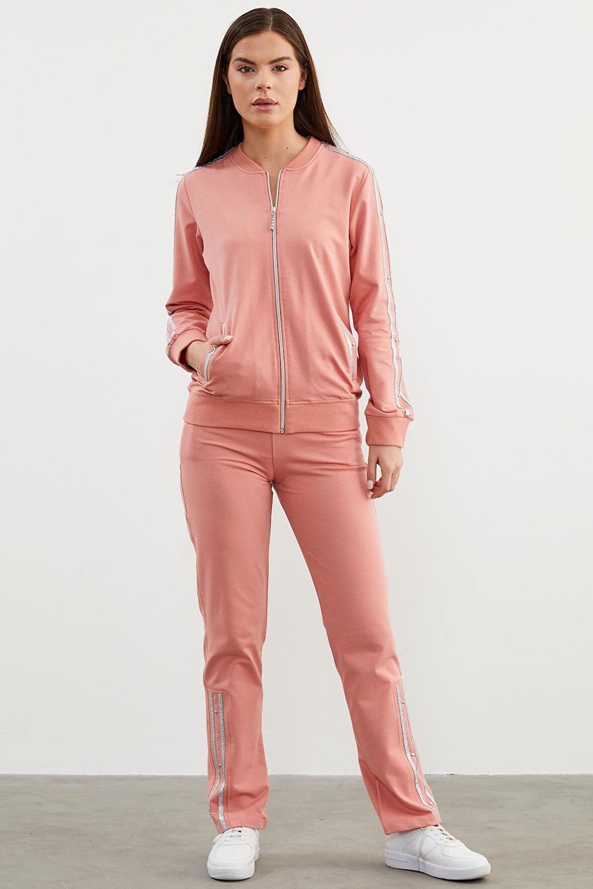 Sim Şerit Detaylı Eşofman Takım - Pembe