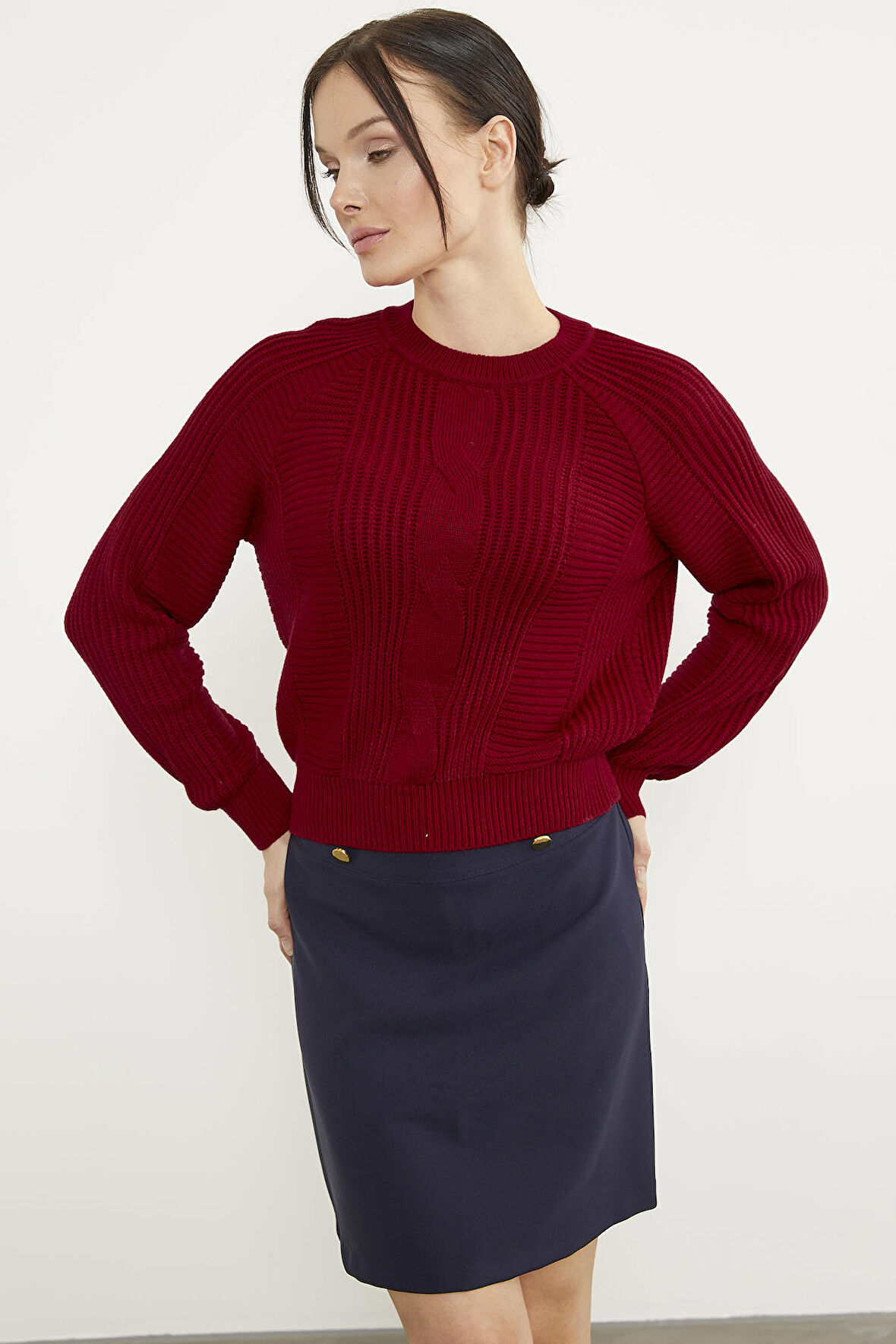 Saç Örgü Detaylı Triko Kazak - Kırmızı