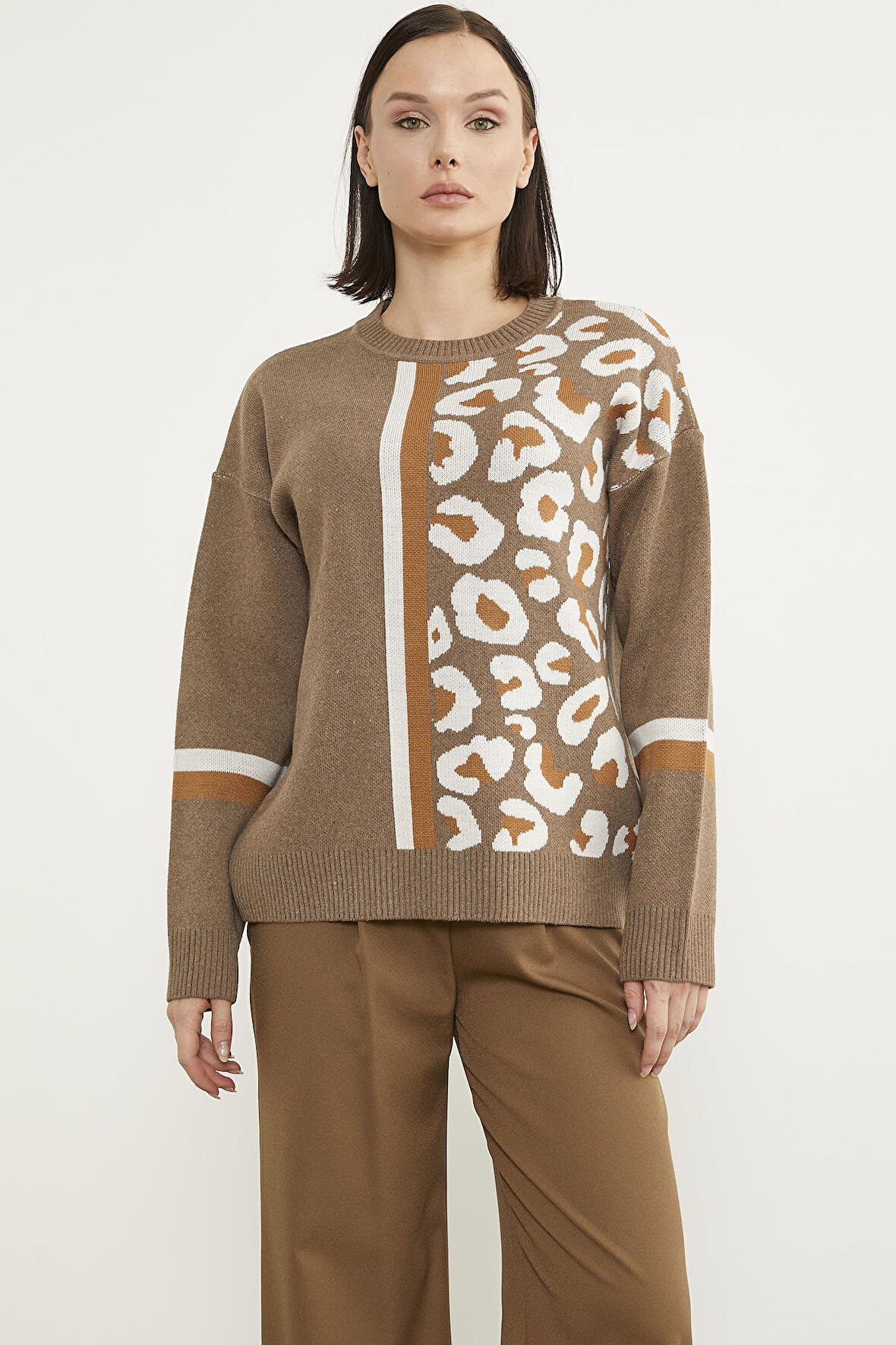 Renkli Leopar Kombinli Triko Kazak - Sütlü Kahve