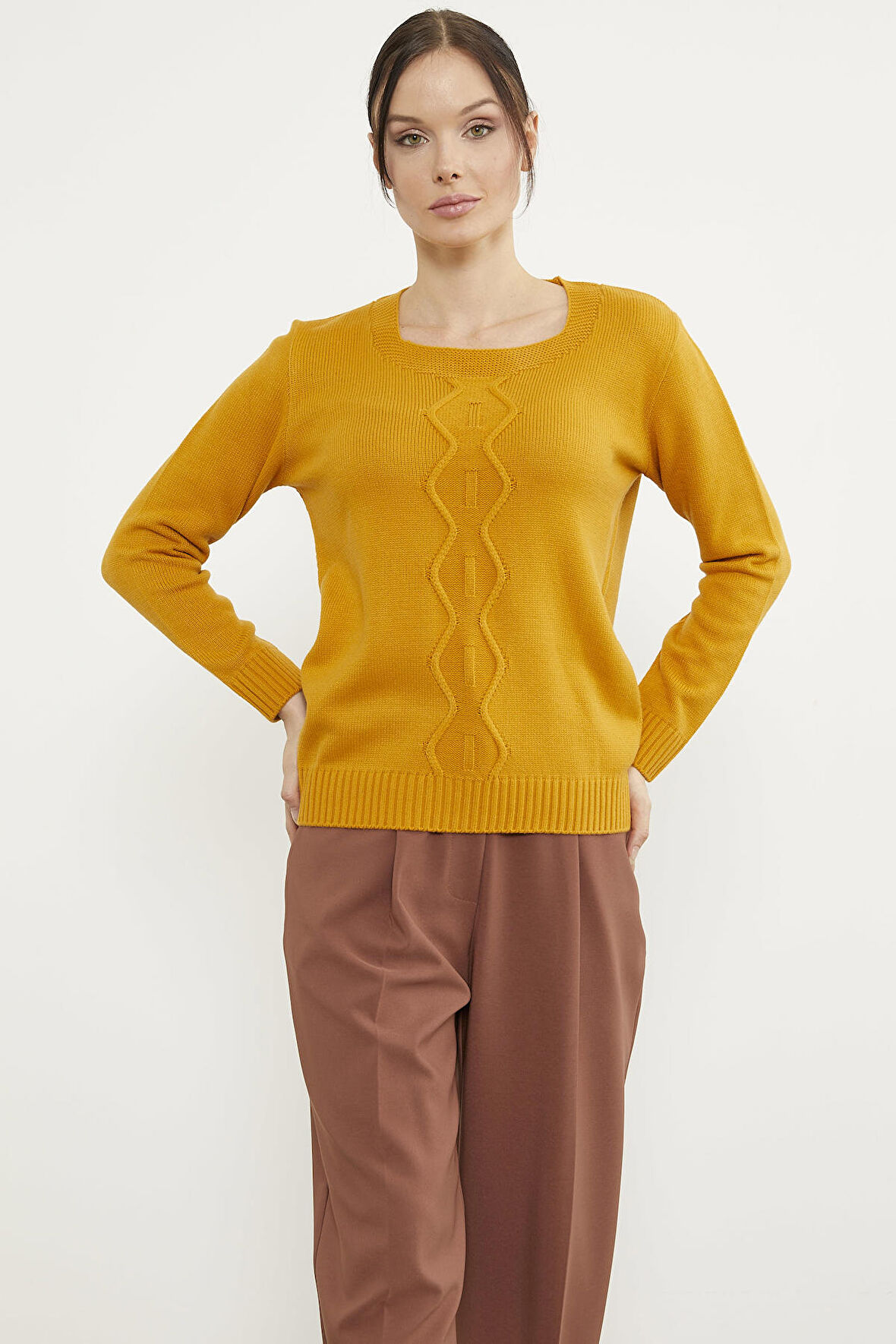 Önü Örgü Detaylı Triko Basic Kazak - Güneş