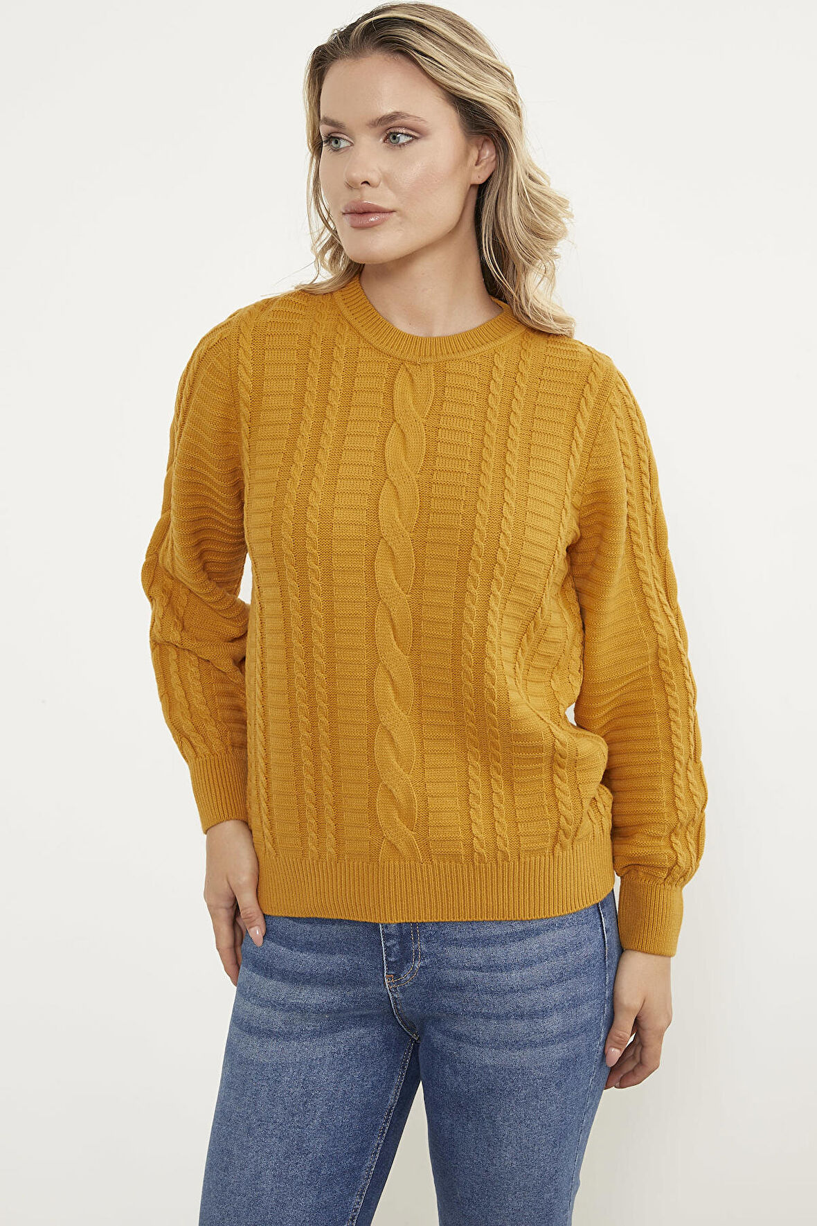 Saç Örgü Sıfır Yaka Triko Kazak - Güneş