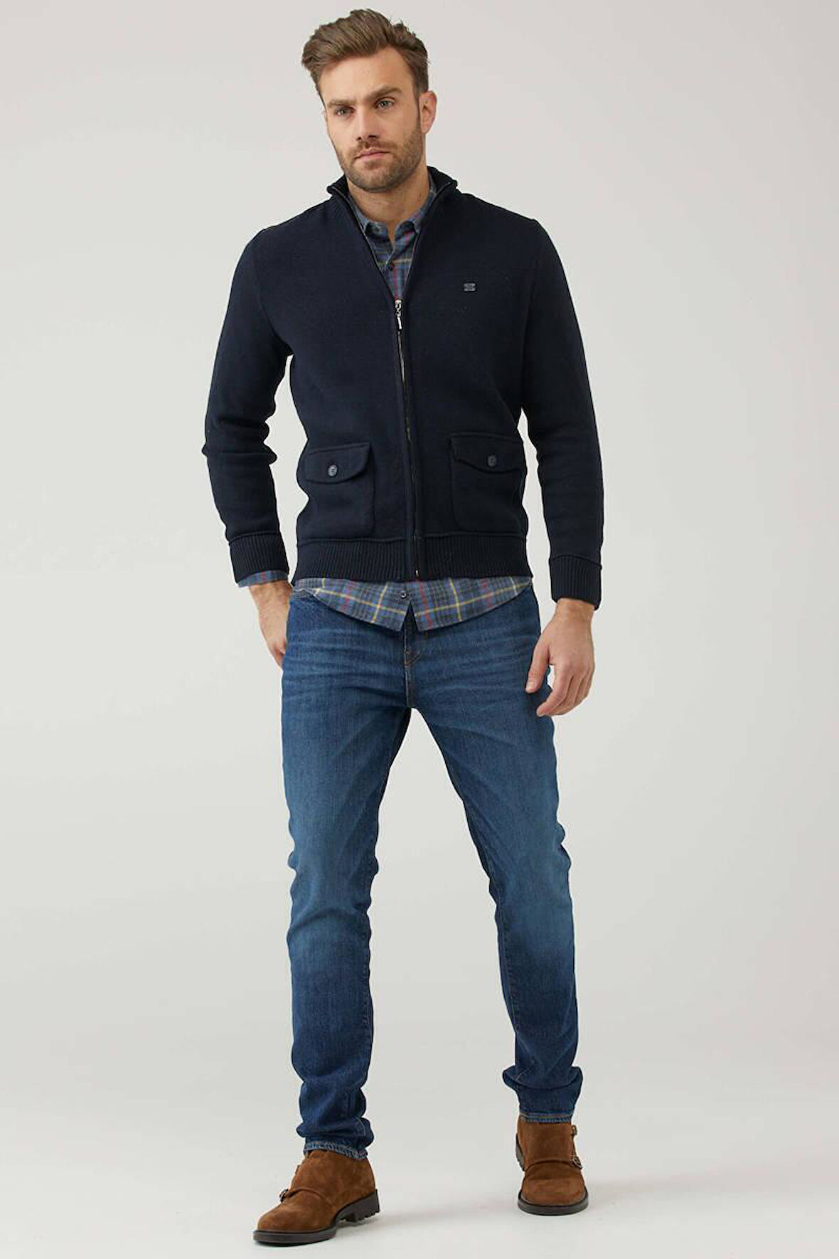 Erkek Dik Yaka  Fermuarlı Cepli Triko Mont - Lacivert