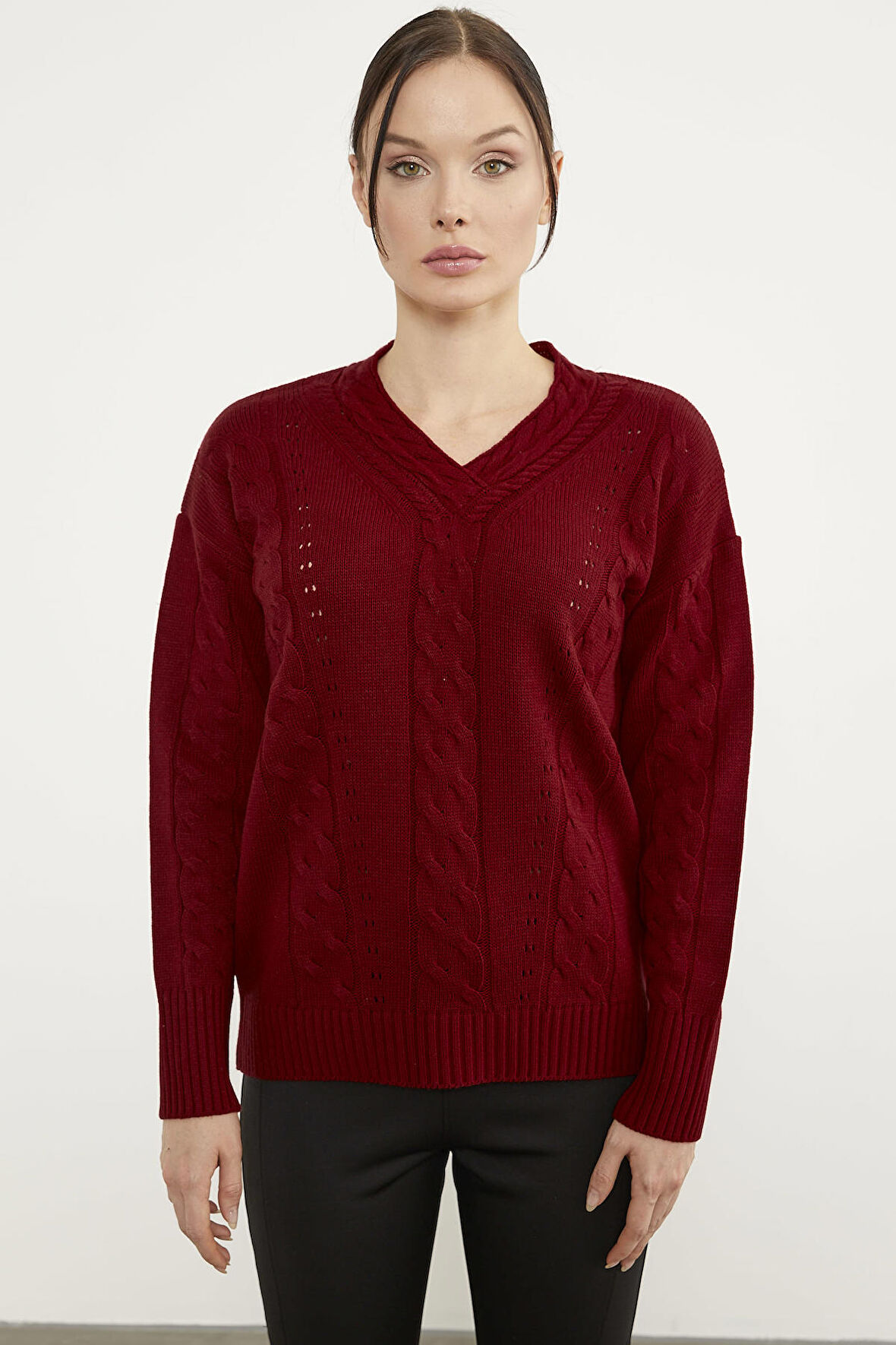 Saç Örgülü V Yaka Triko Kazak - Kırmızı